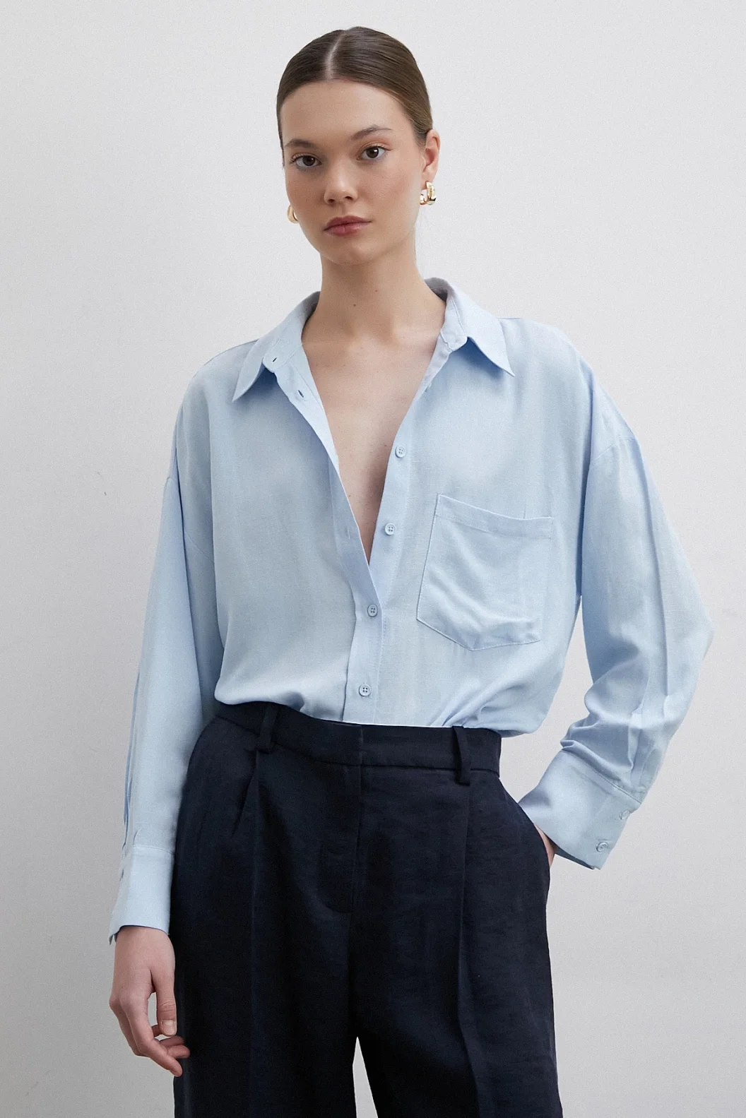 Keten Görünümlüı Linen Prunes Gömlek Mavi