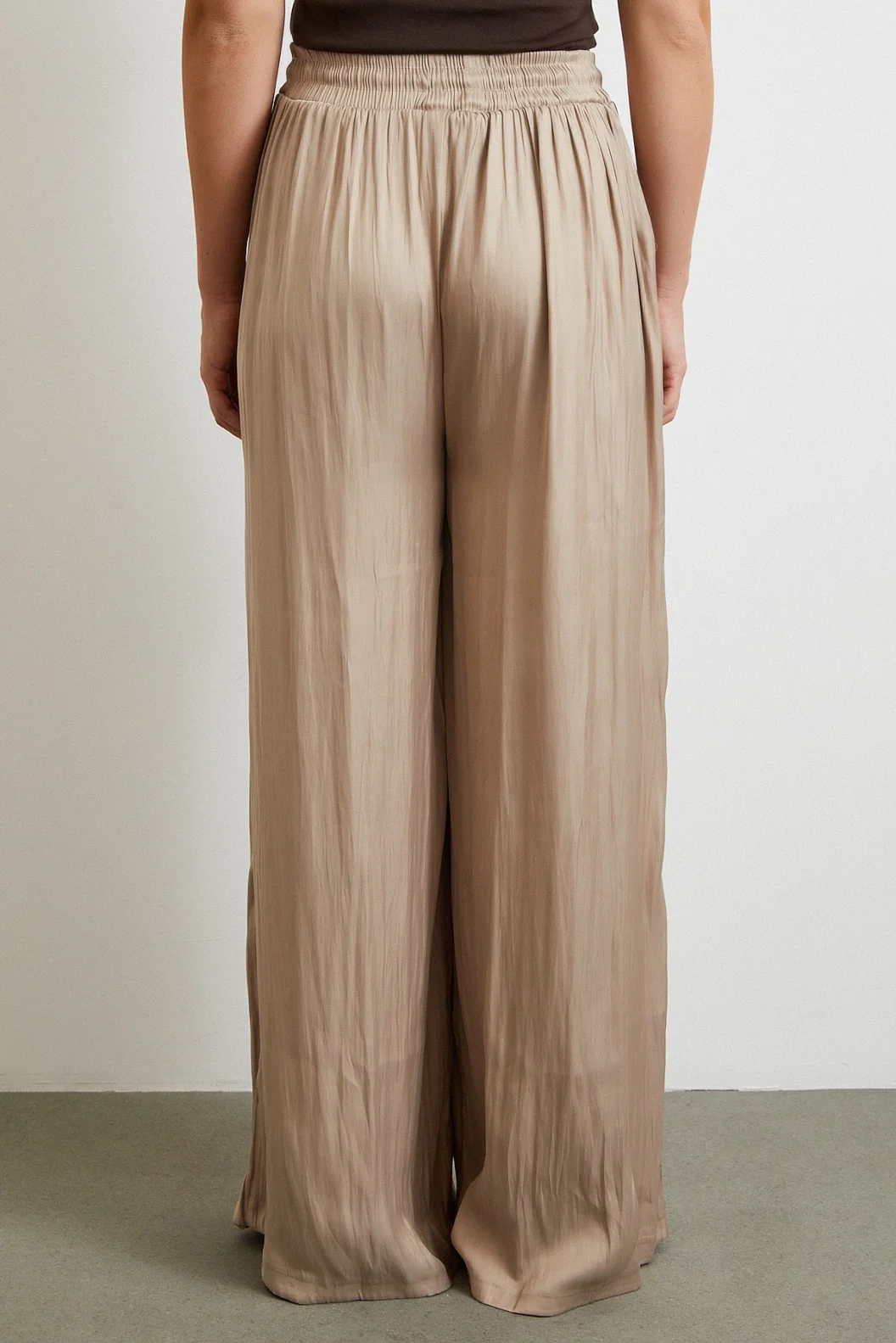 Elastic Waist Wide Legged Ruched Pants Beige