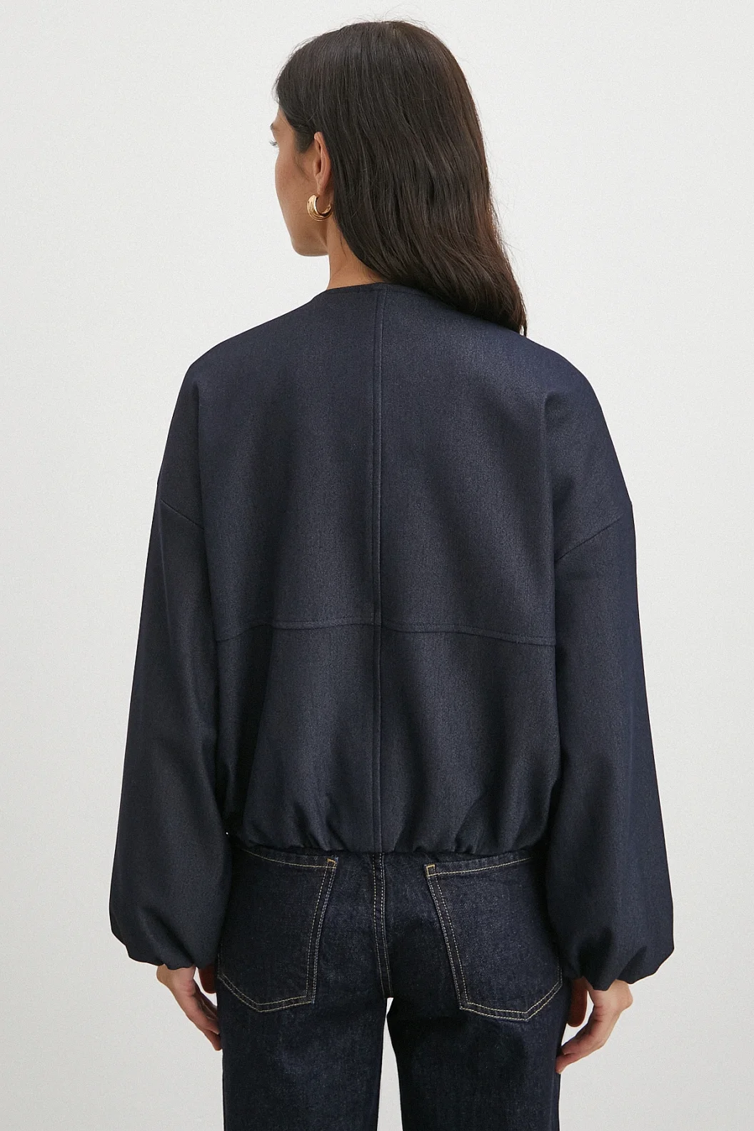 Beli Lastikli Fermuarlı Denim Görünümlü Bomber Ceket Lacivert