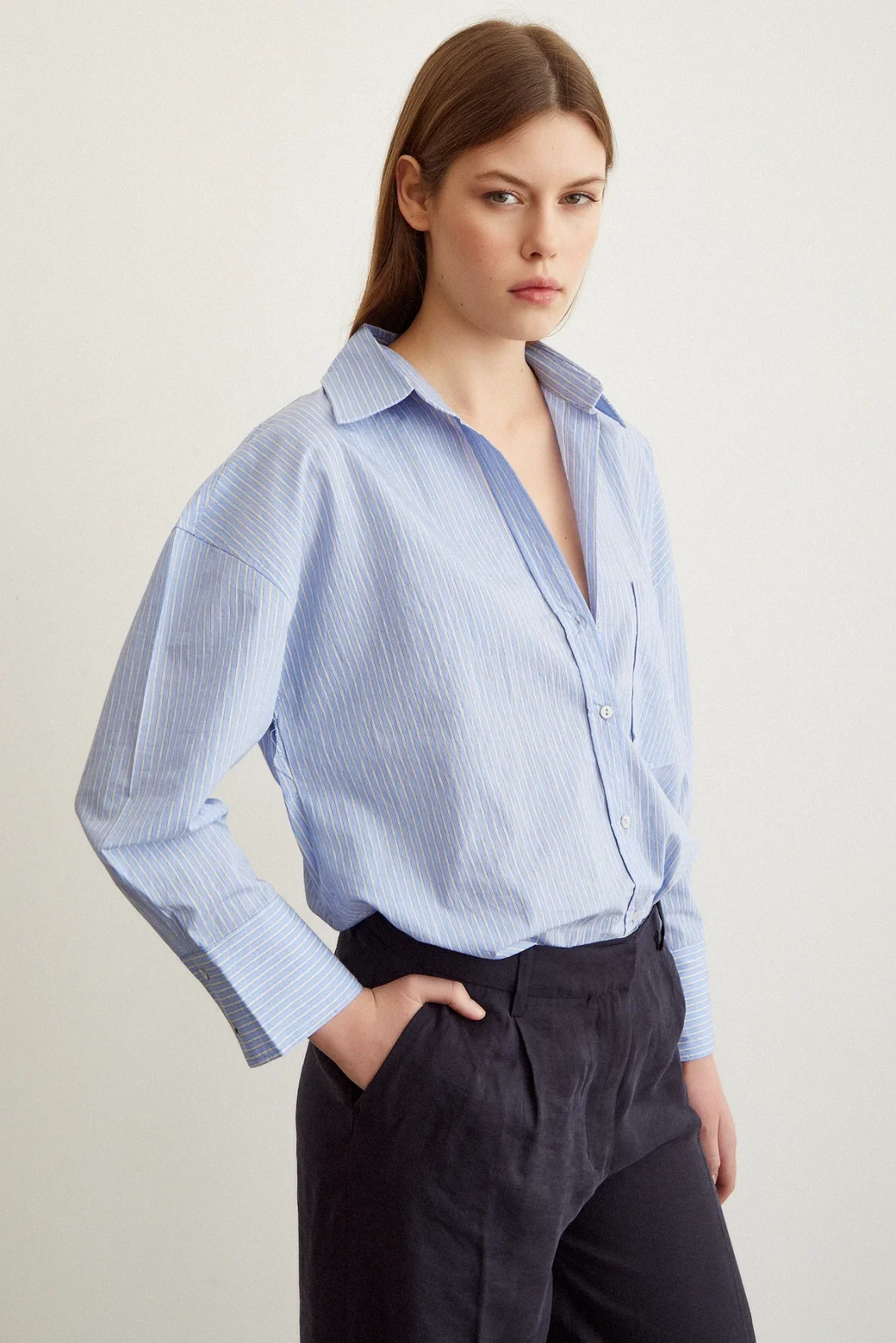 Çizgili Oversize Gömlek Mavi