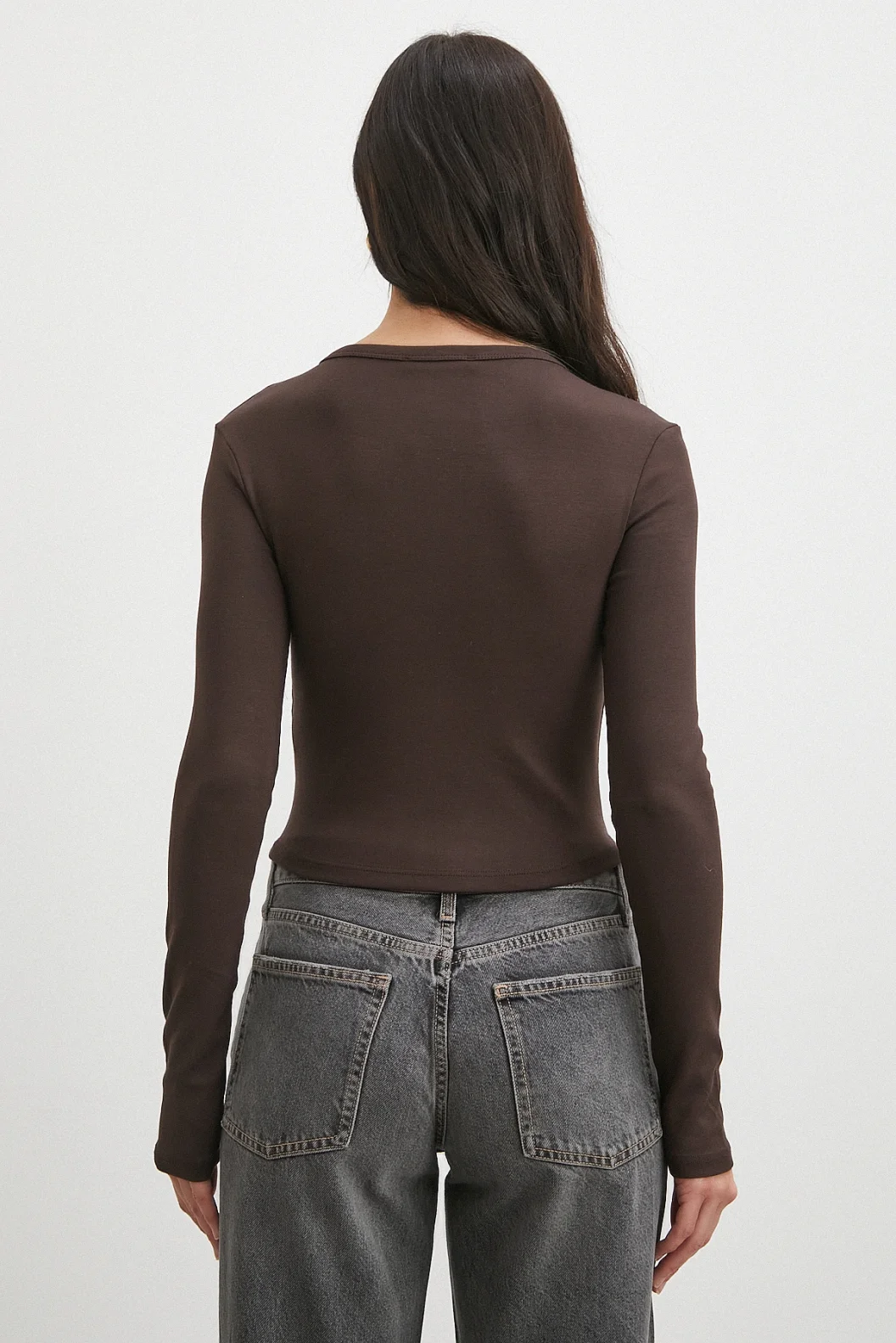 Düğmeli Uzun Kol Bluz Kahve