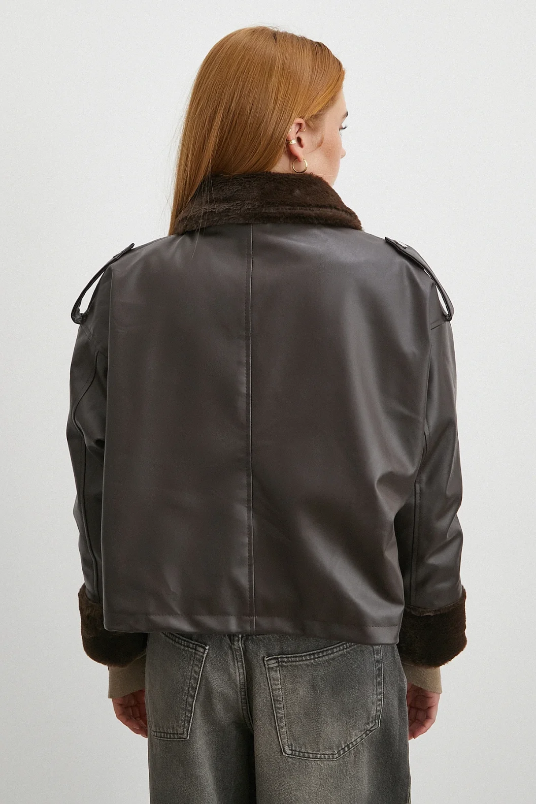 Kürk Detaylı Cepli Deri Mont Kahve