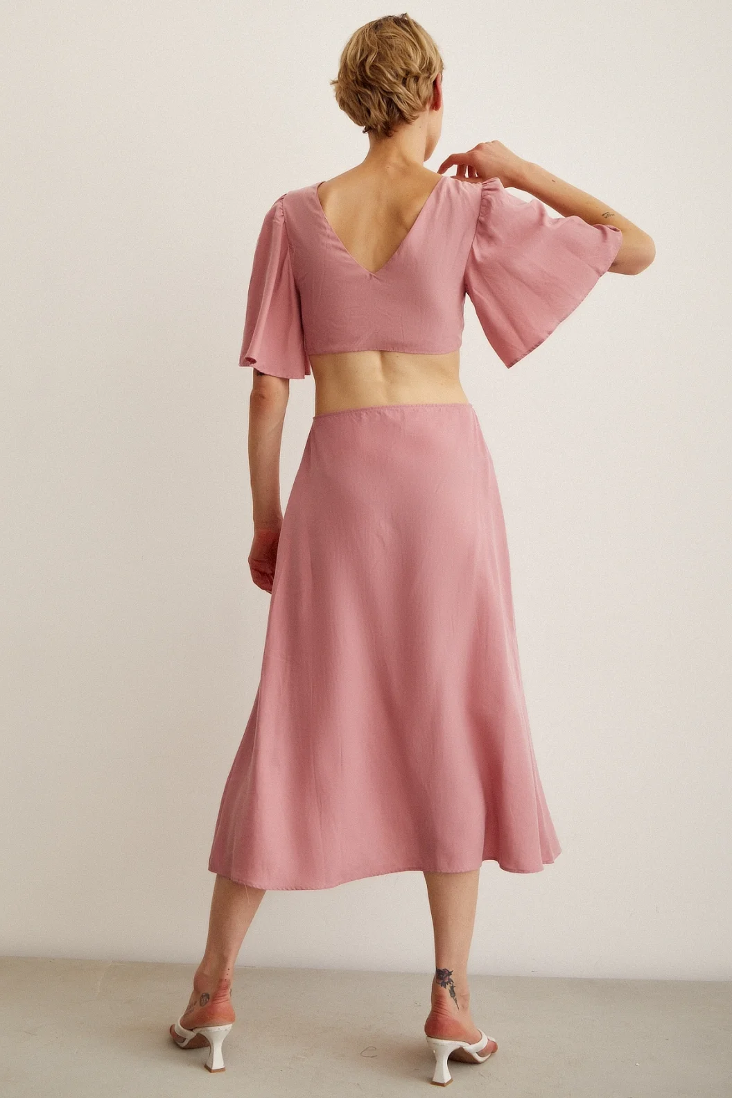 Önü Bağlamalı Balon Omuz Elbise Gül Kurusu