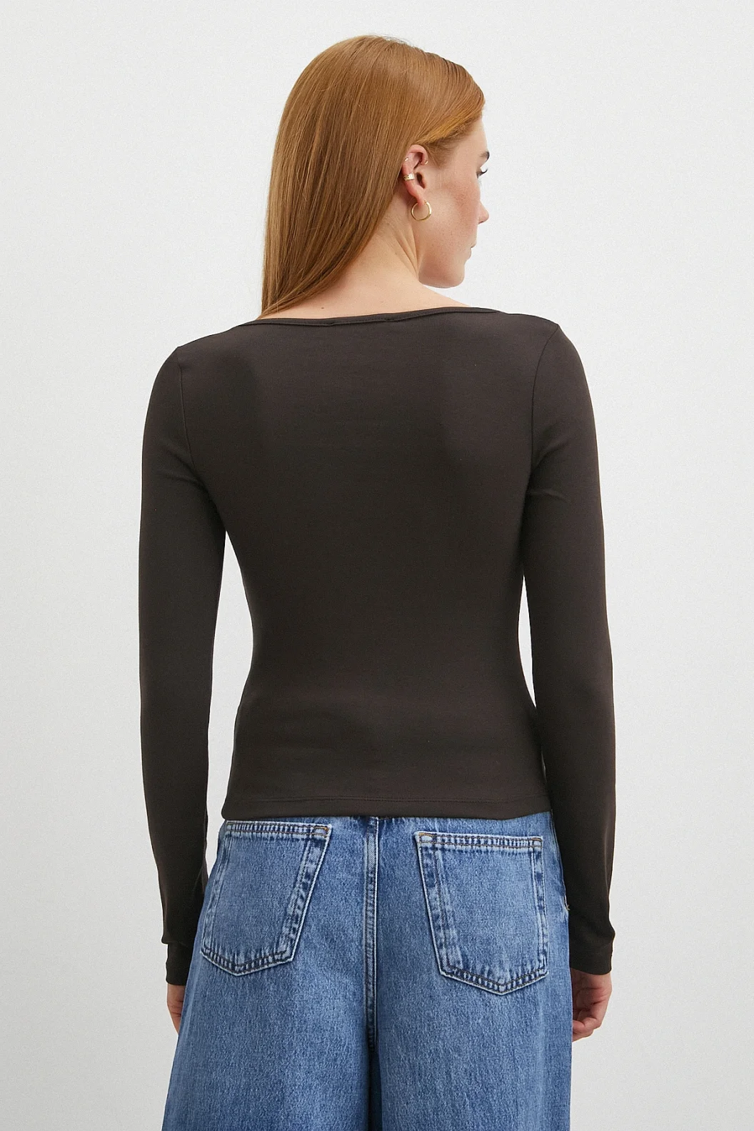 Uzun Kol Kare Yaka Bluz Kahve