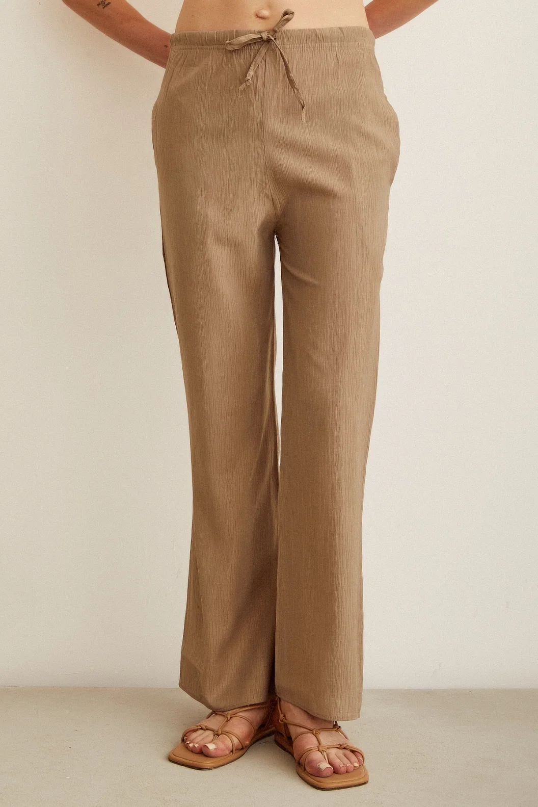 Elastic Waist Flared High Waist Pants Khaki