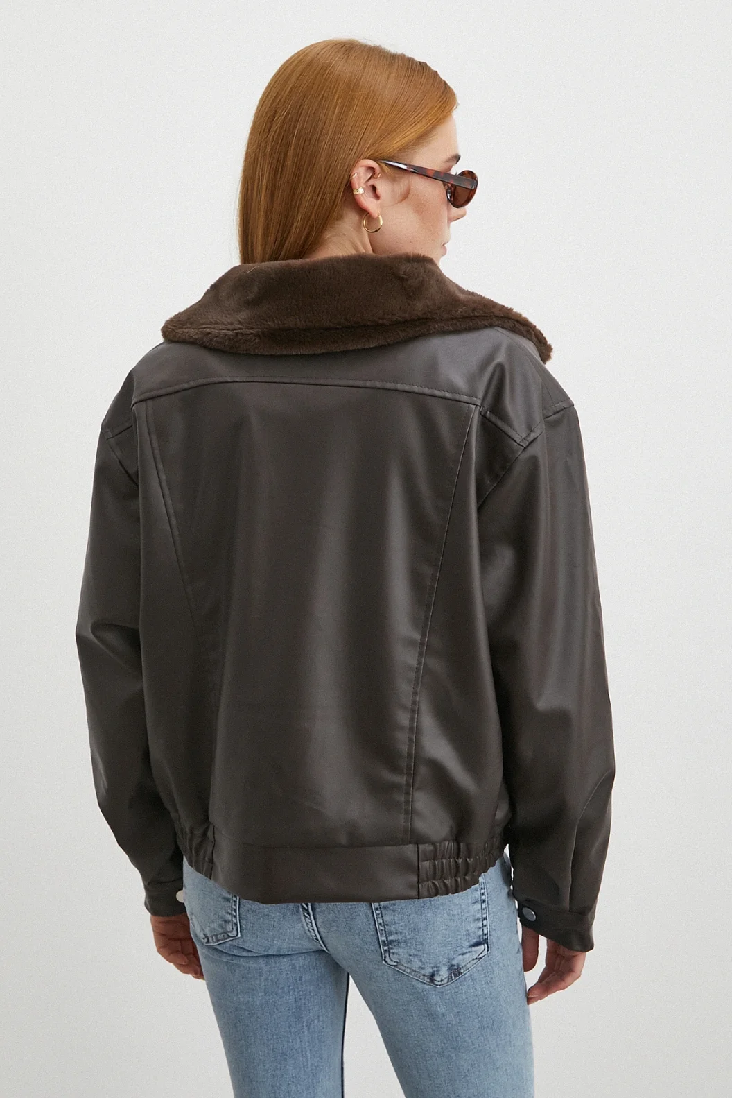 Peluş Astar Detaylı Deri Mont Kahve