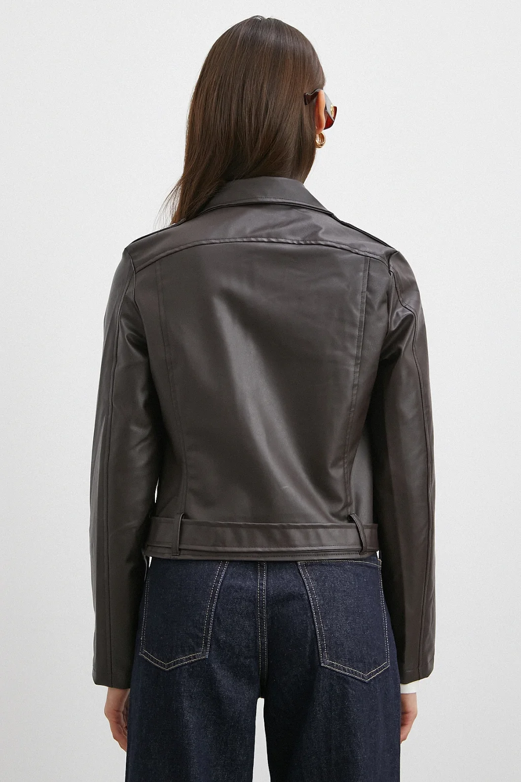 Beli Kemerli Fermuarlı Deri Ceket Kahve