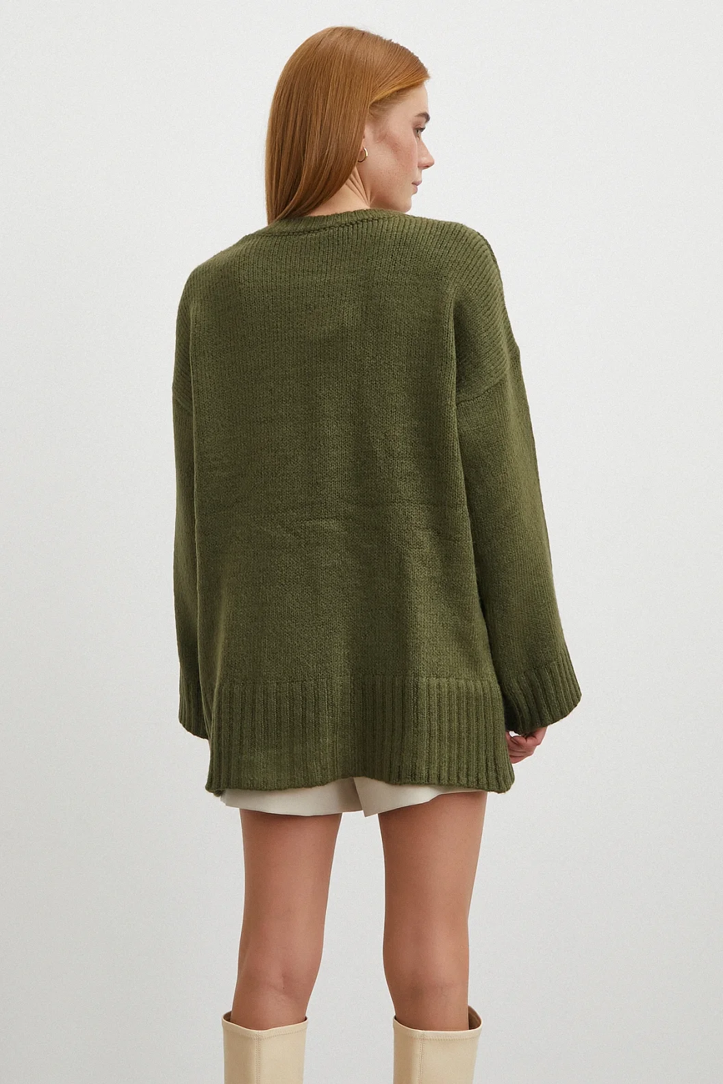 Bisiklet Yaka Fitilli Triko Kazak Haki