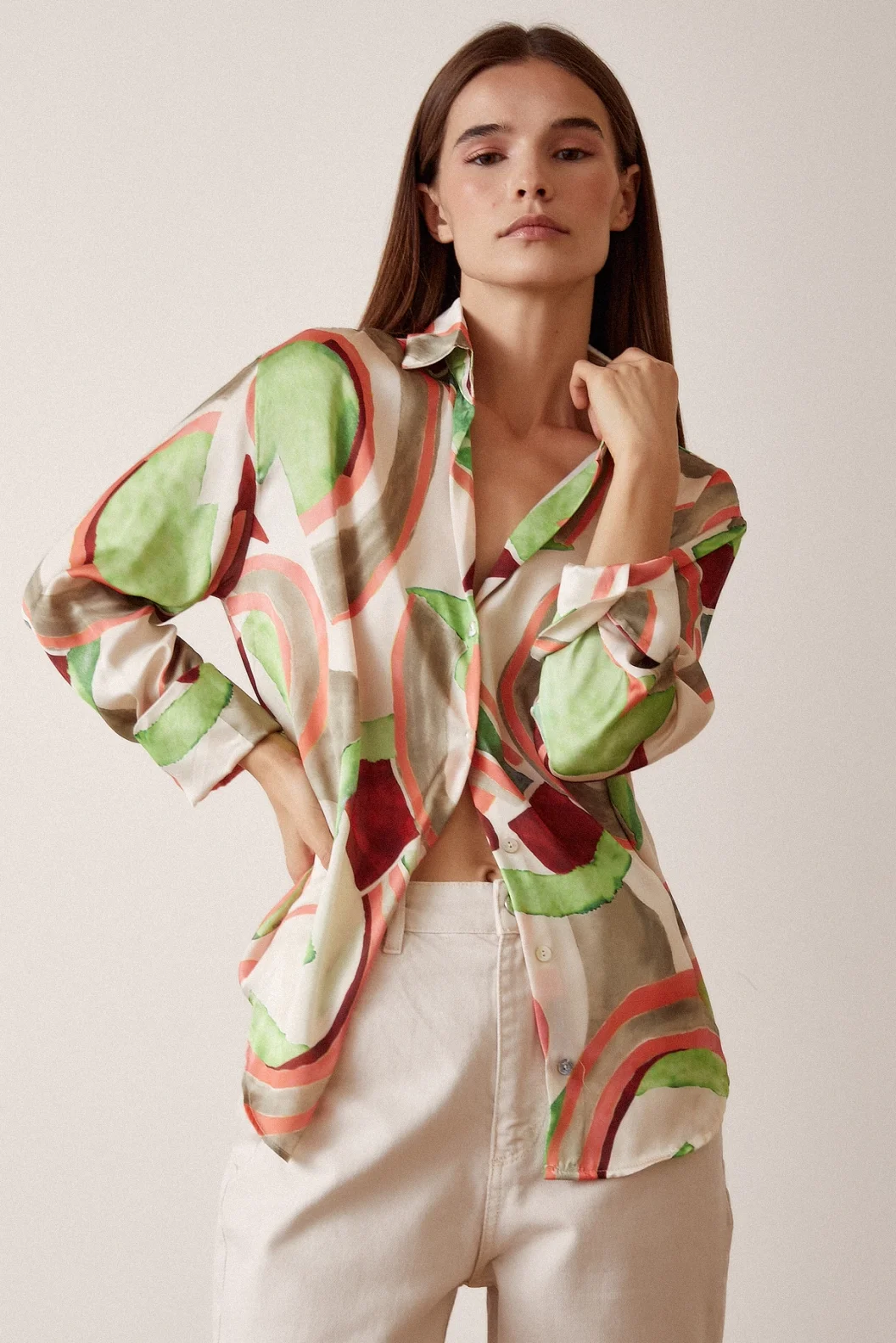 V Neck Patterned Satin Shirt Mint