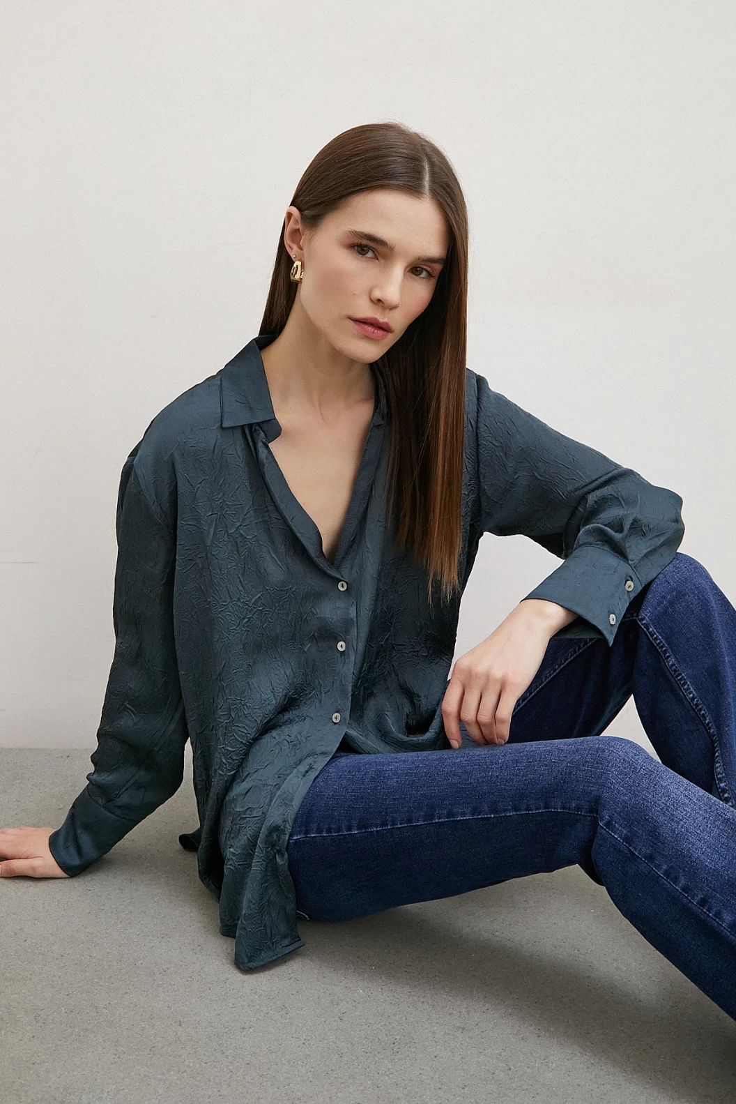 Crinkled Satin Shirt Petrol