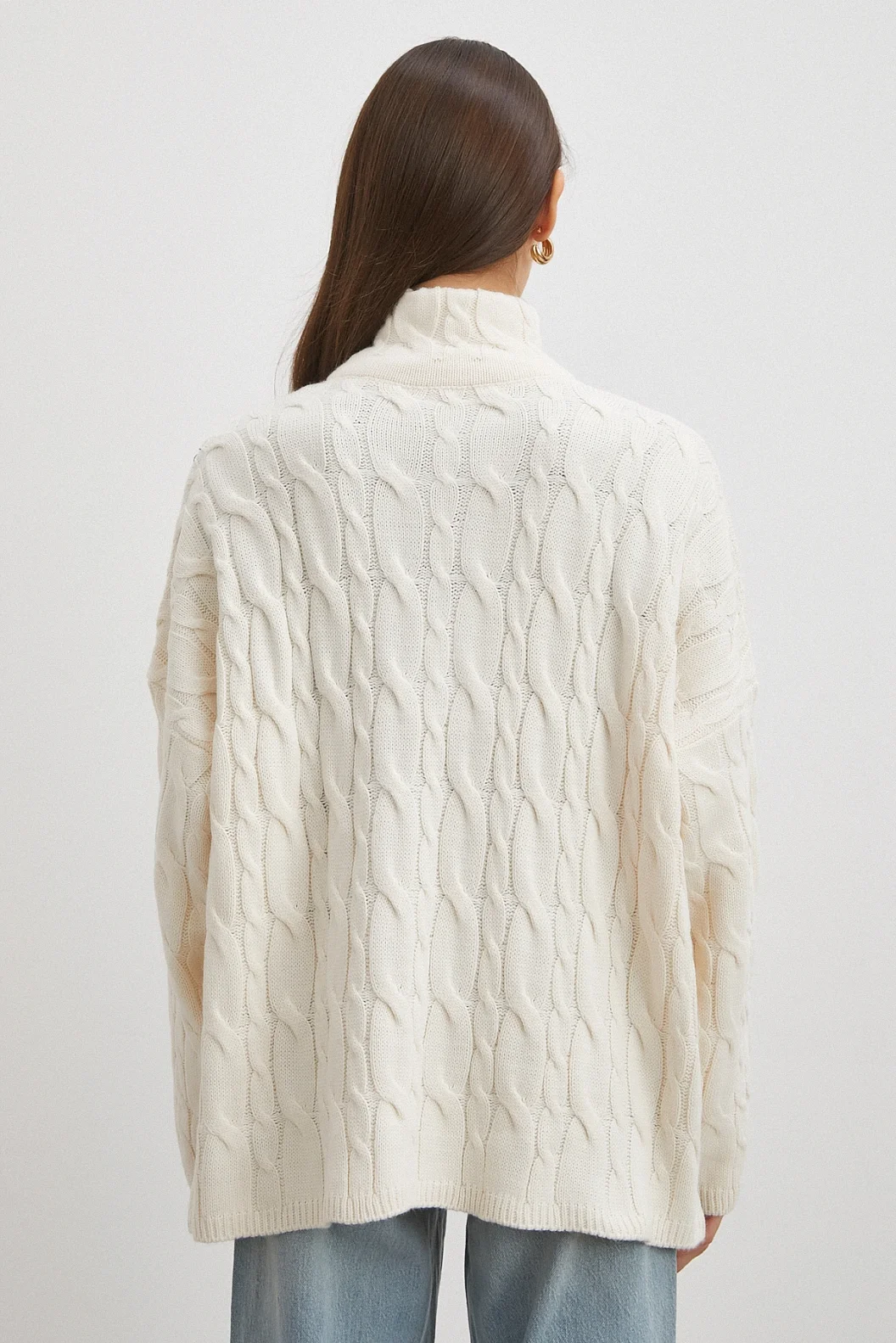 Saç Örgülü Yarım Fermuarlı Kazak Ekru