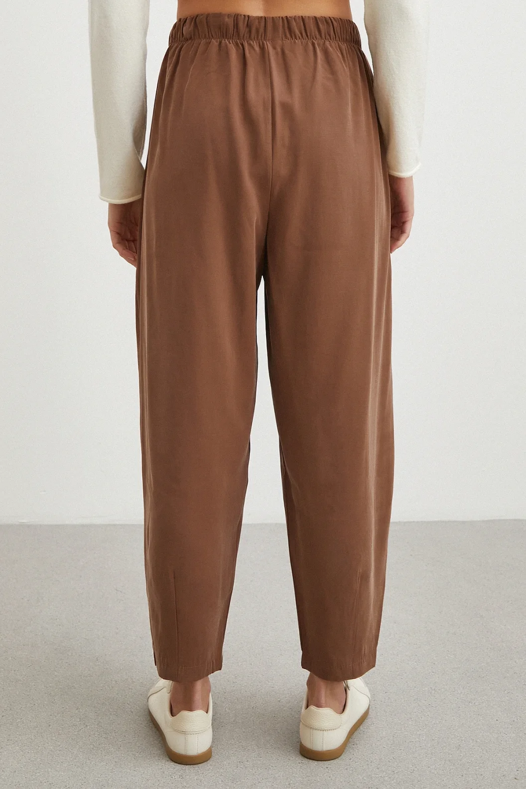 Bağcıklı Beli Lastikli Pileli Pantolon Kahve