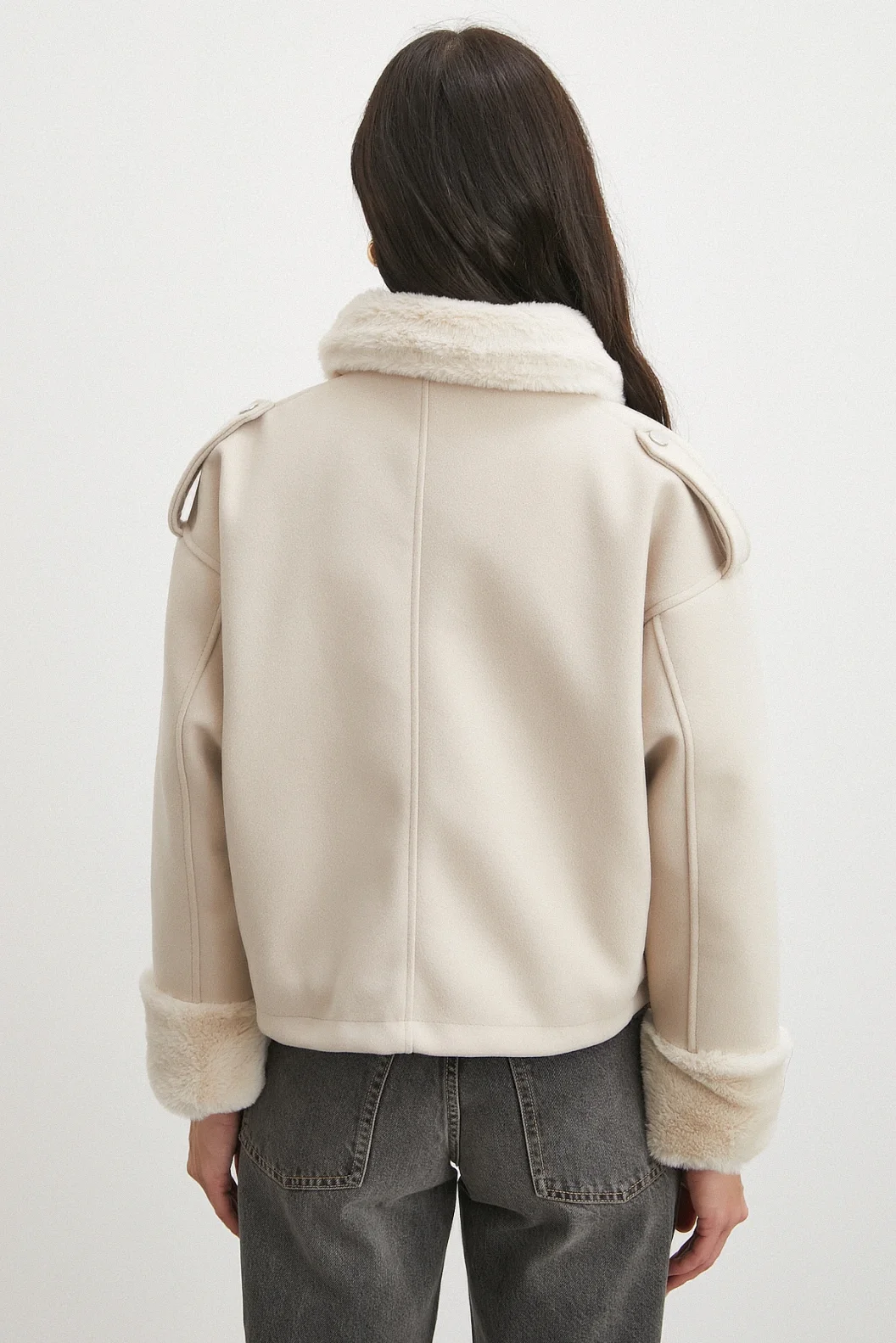 Apoletli Yünlü Körük Cepli Kaşe Mont Bej