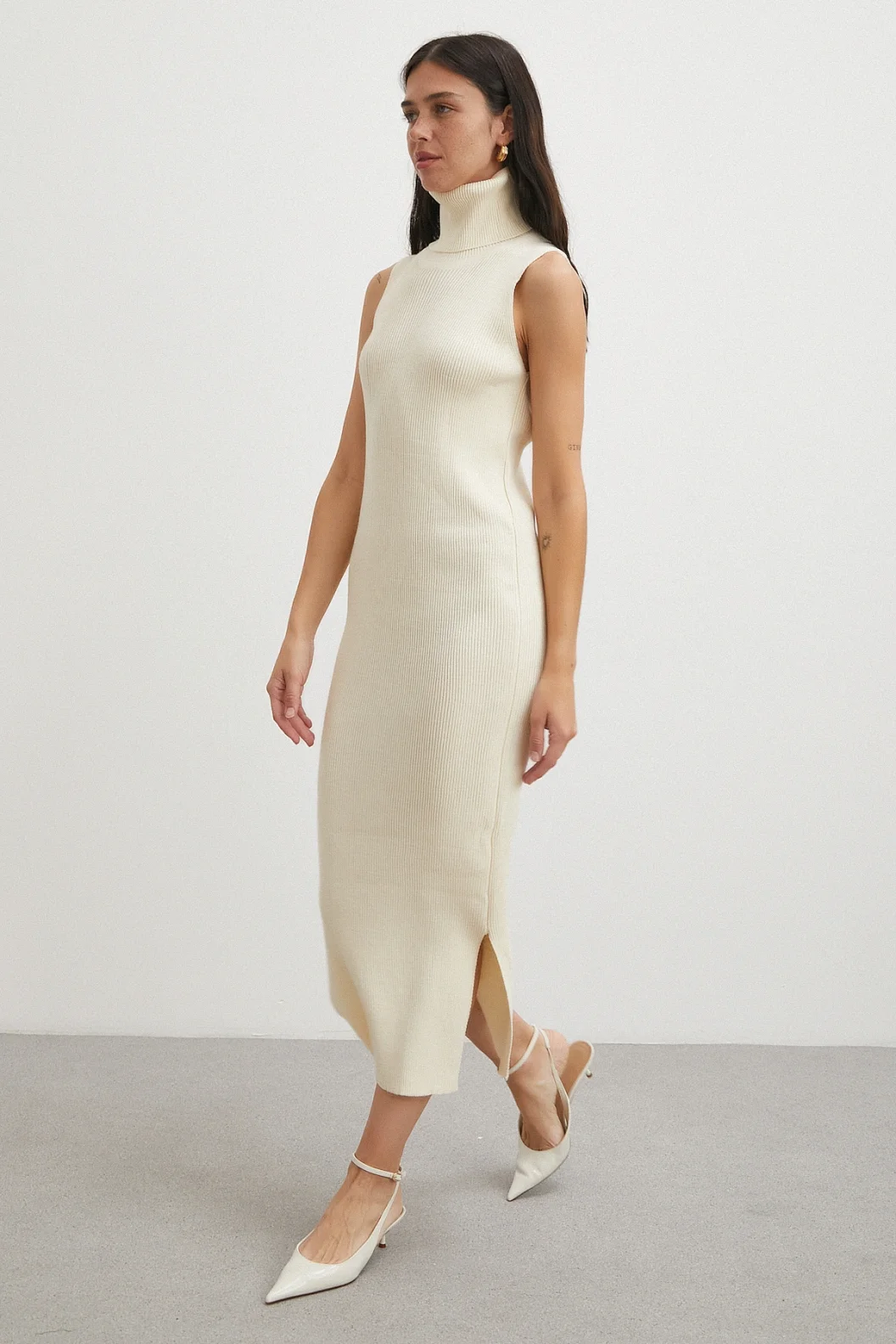 Uzun Elbiseli Hırka Triko Takım Ekru