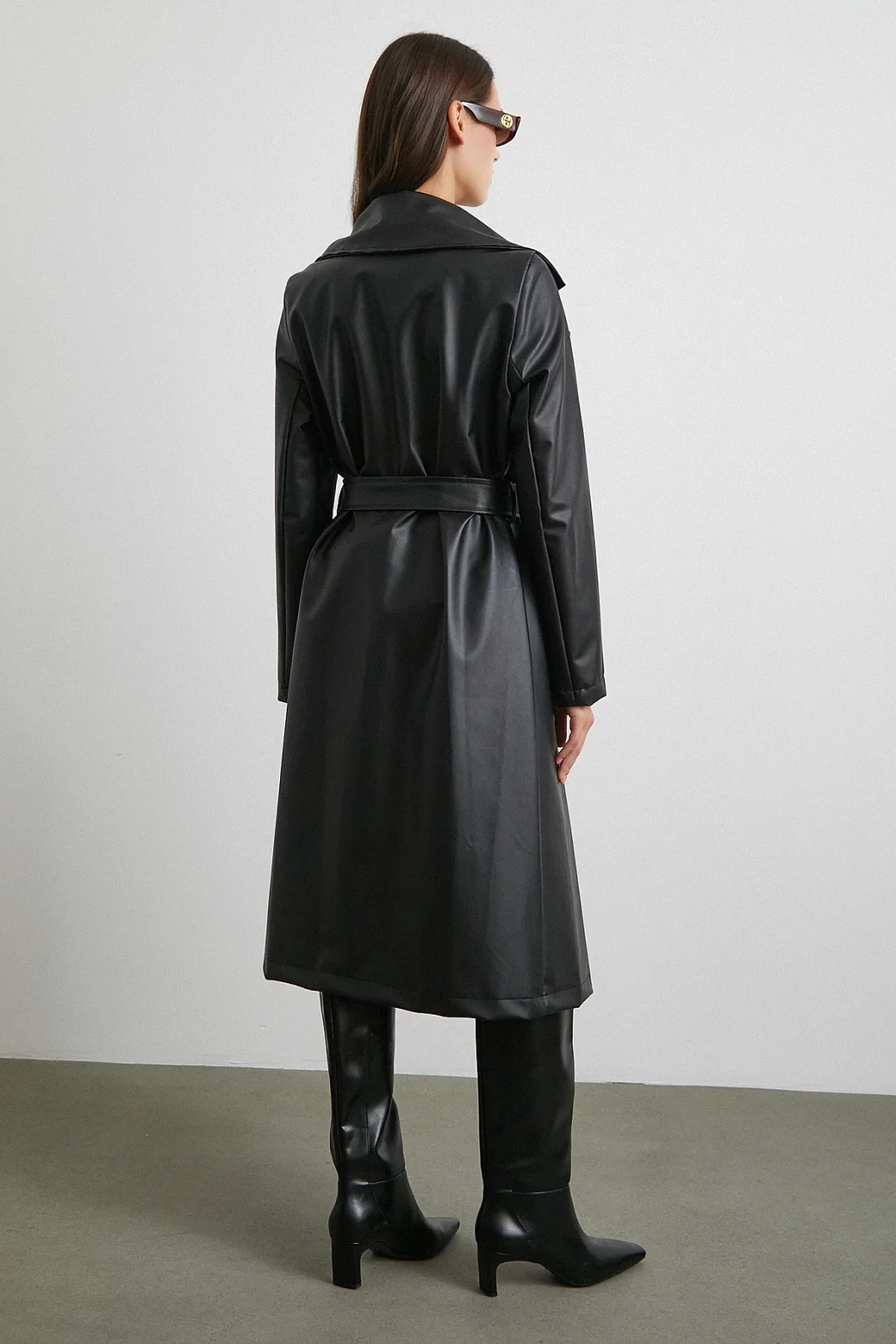 Kuşaklı Deri Pardesü Siyah