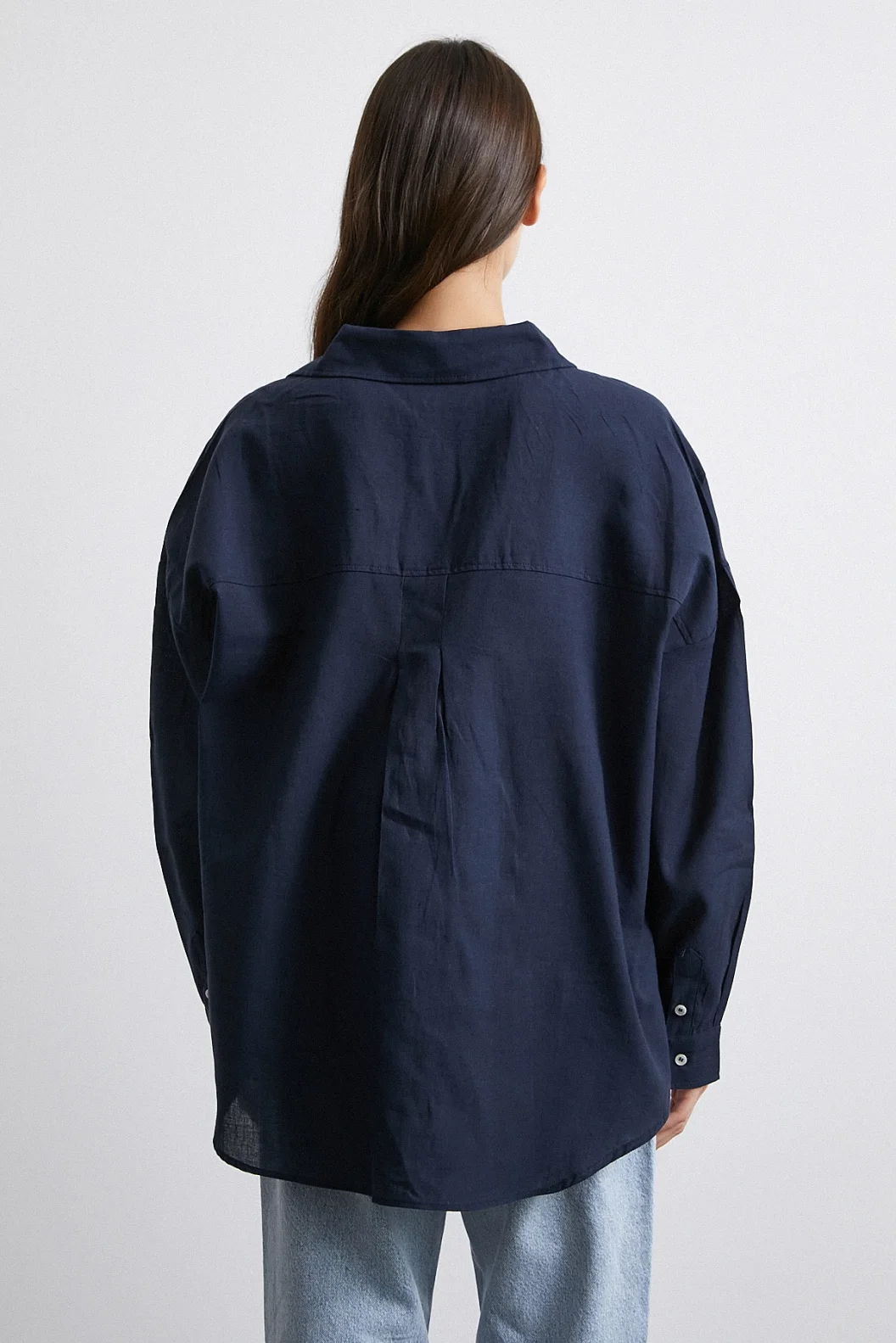 Cepli Oversize Keten Gömlek Lacivert