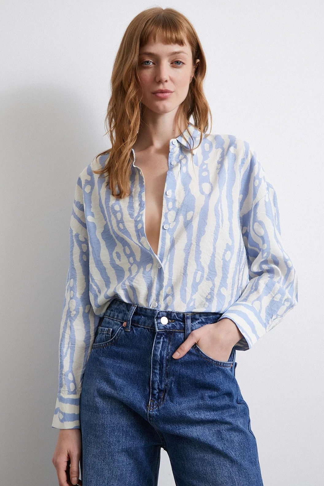 Zebra Desen Modal Gömlek Mavi