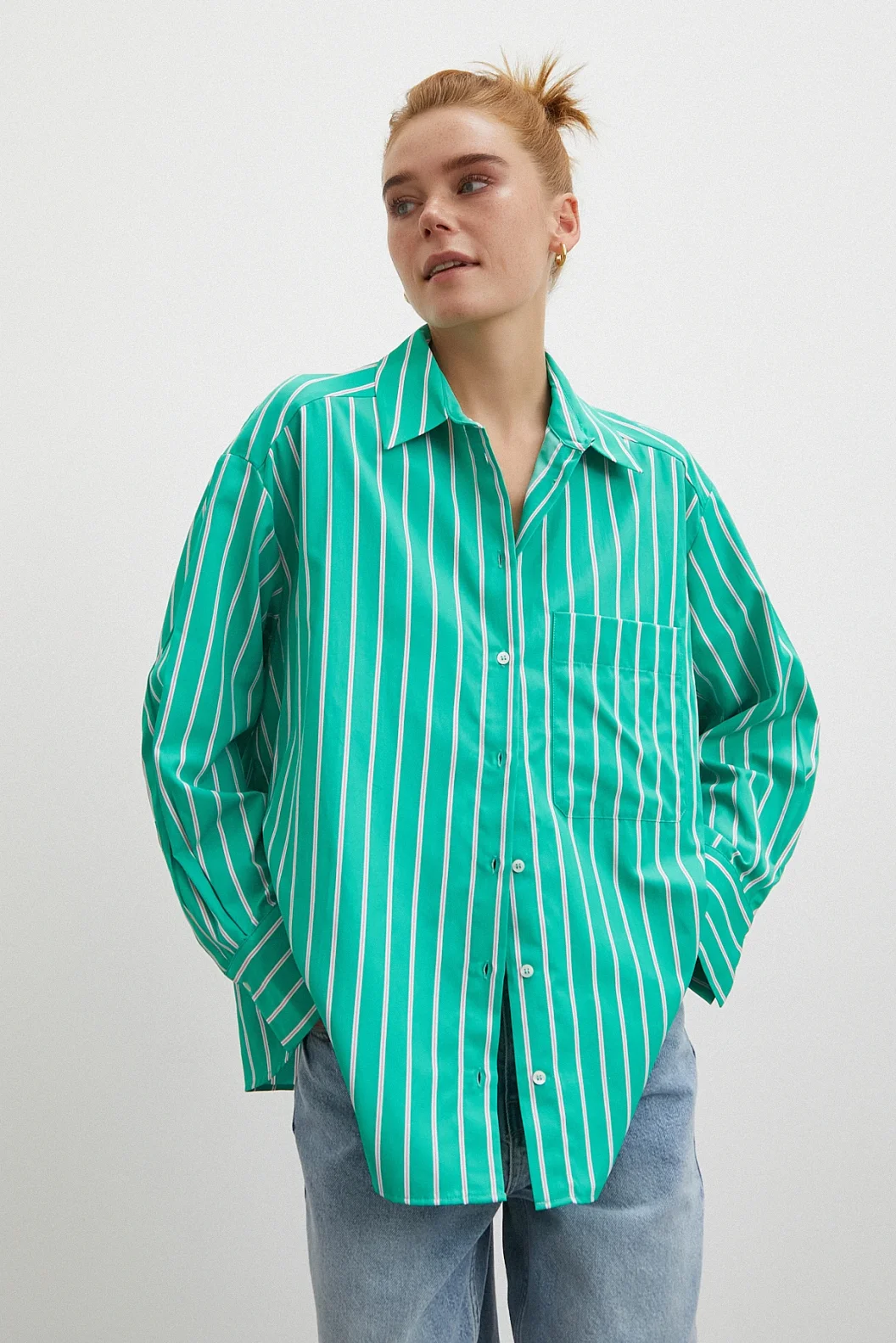 Çizgili Poplin Gömlek Yeşil
