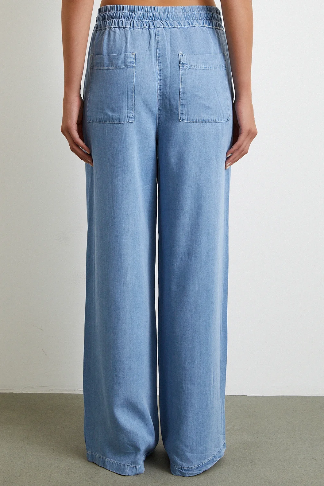 Beli Lastikli Bağcıklı Geniş Paça Pantolon Mavi