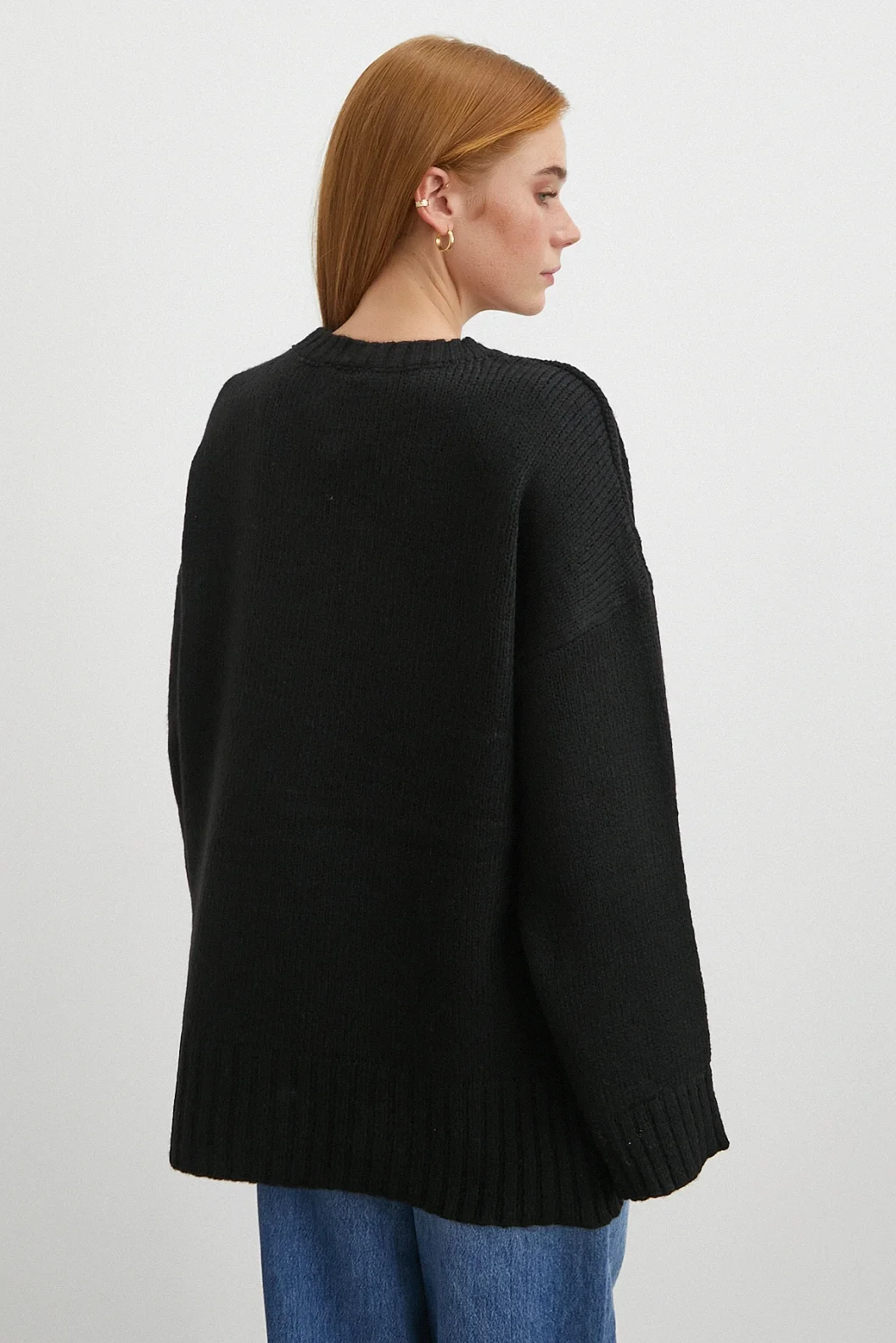 Bisiklet Yaka Fitilli Triko Kazak Siyah