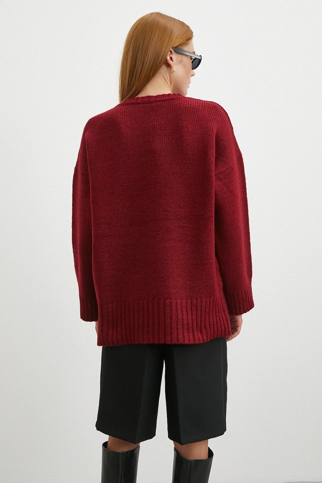 Bisiklet Yaka Fitilli Triko Kazak Bordo