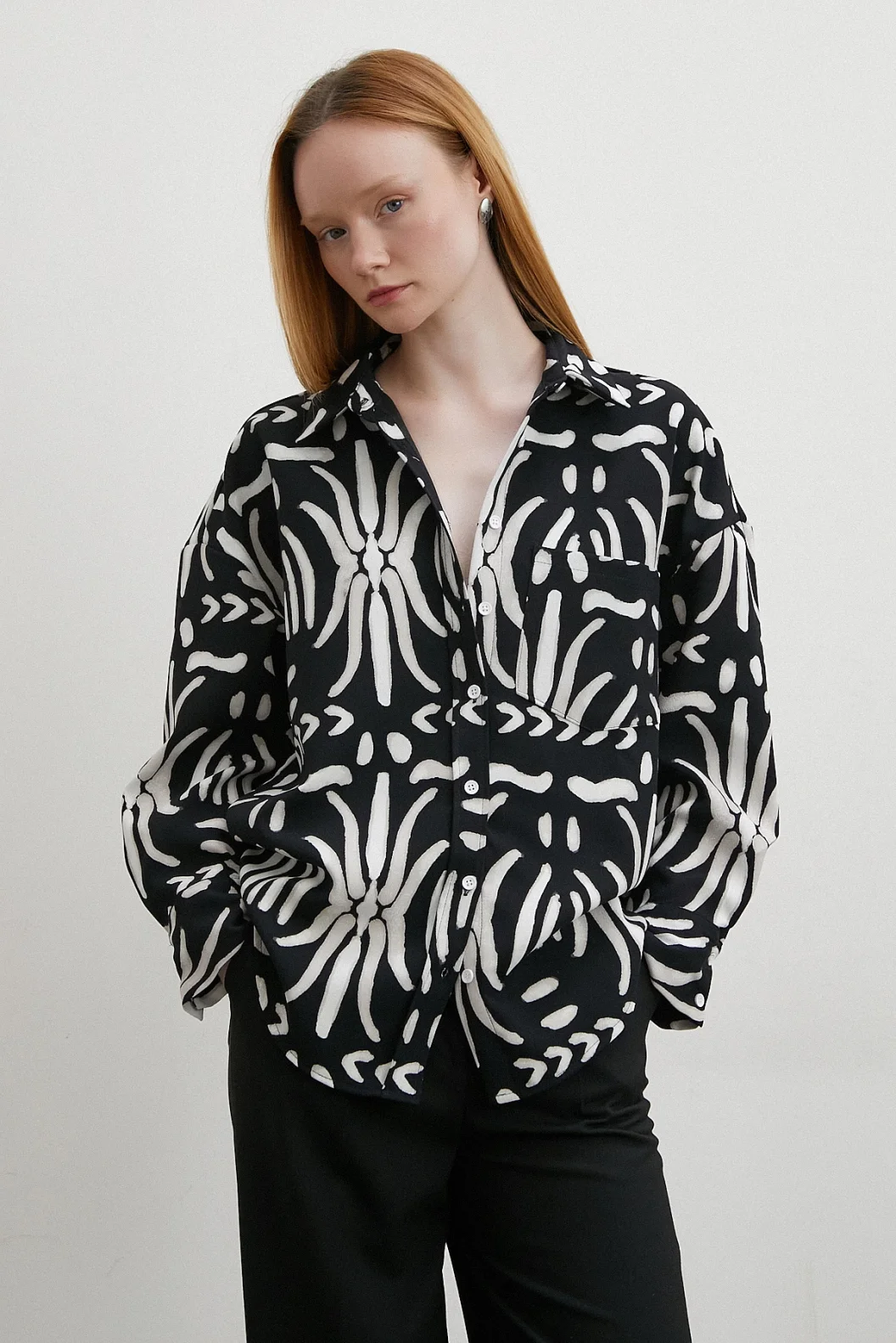 Contrast Ethnic Pattern Crepe Shirt Black