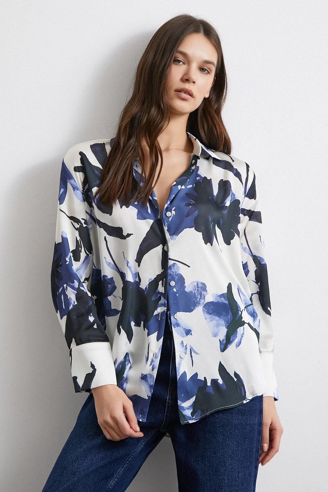 Saten Yüzeyli Desenli Gömlek Lacivert