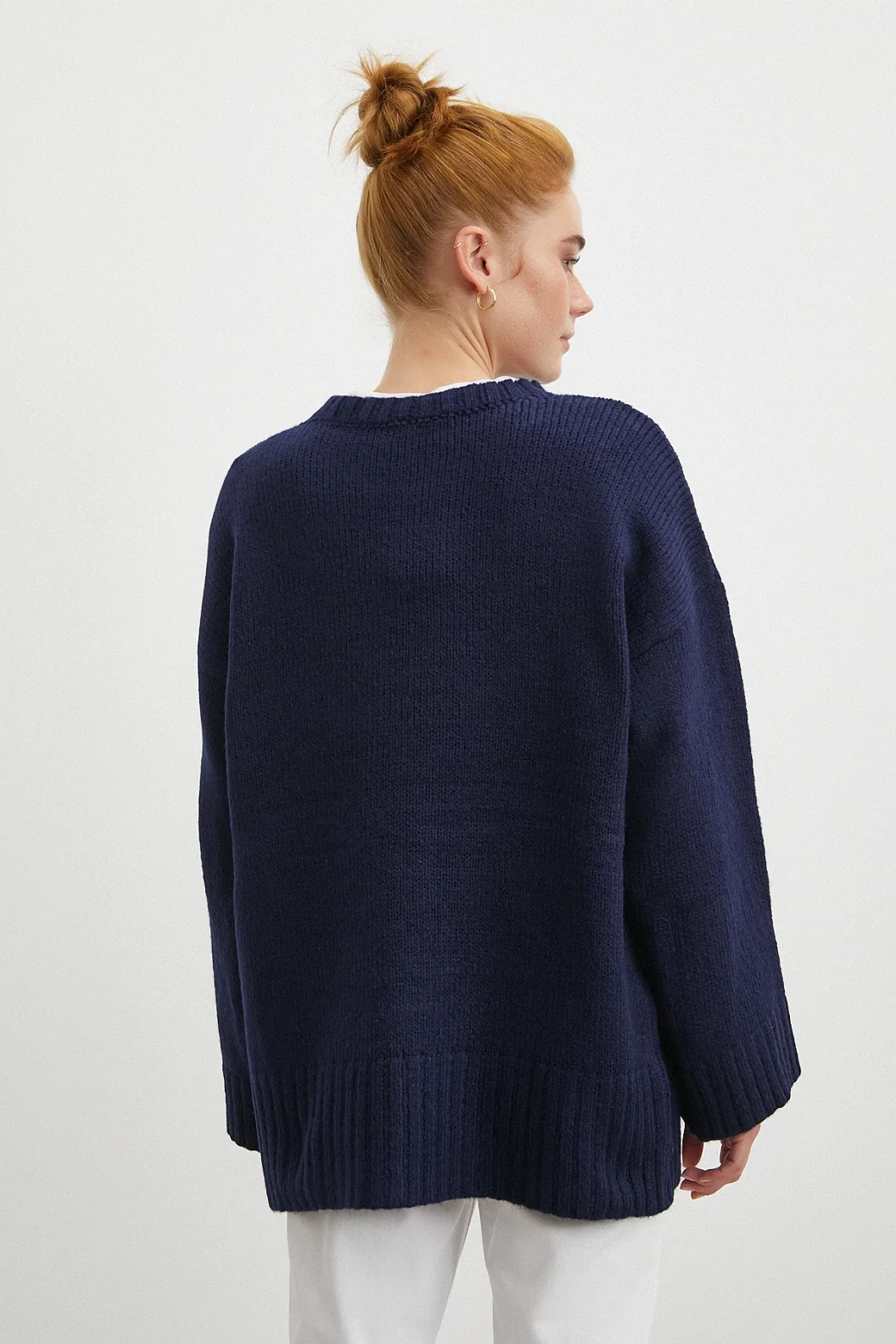 Bisiklet Yaka Fitilli Triko Kazak Lacivert