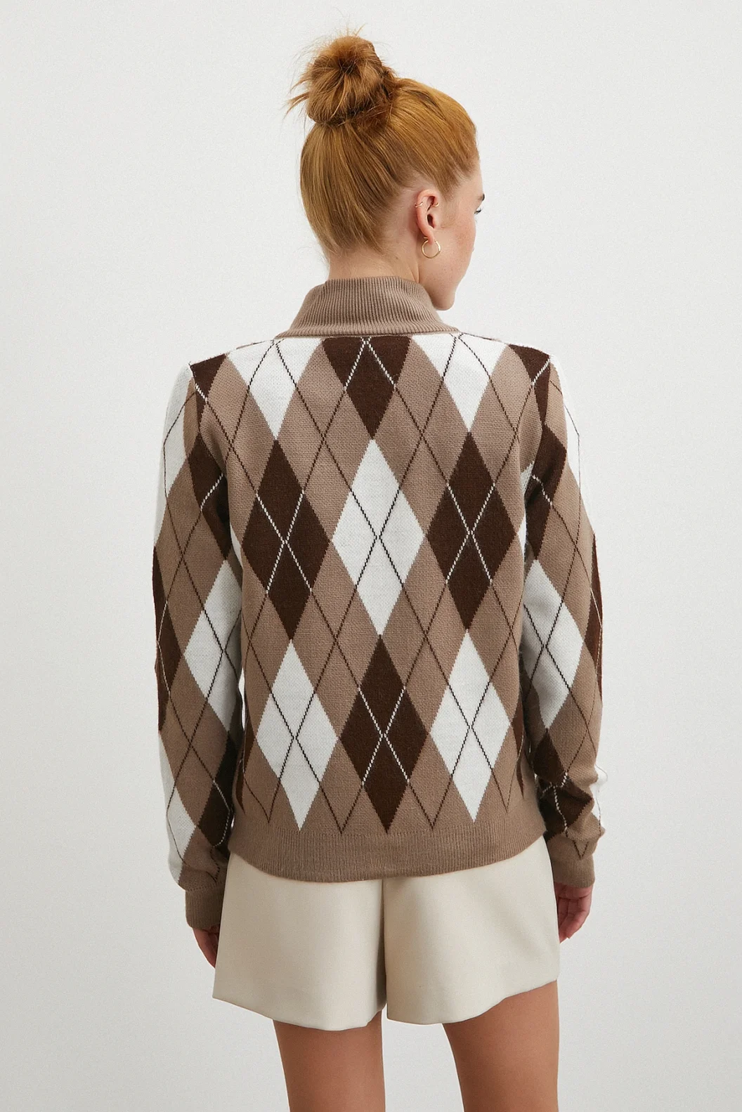 Fermuarlı Baklava Desen Kazak Kahve