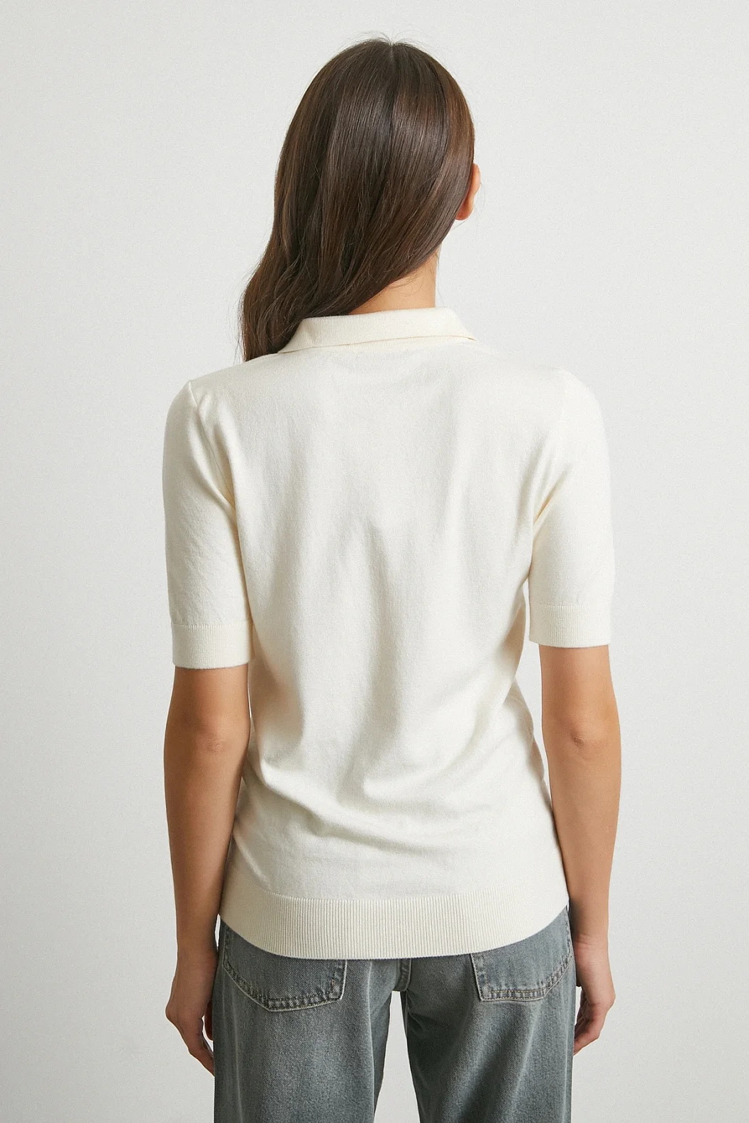 Polo Yaka Düğmeli Kısa Kol Triko Ekru