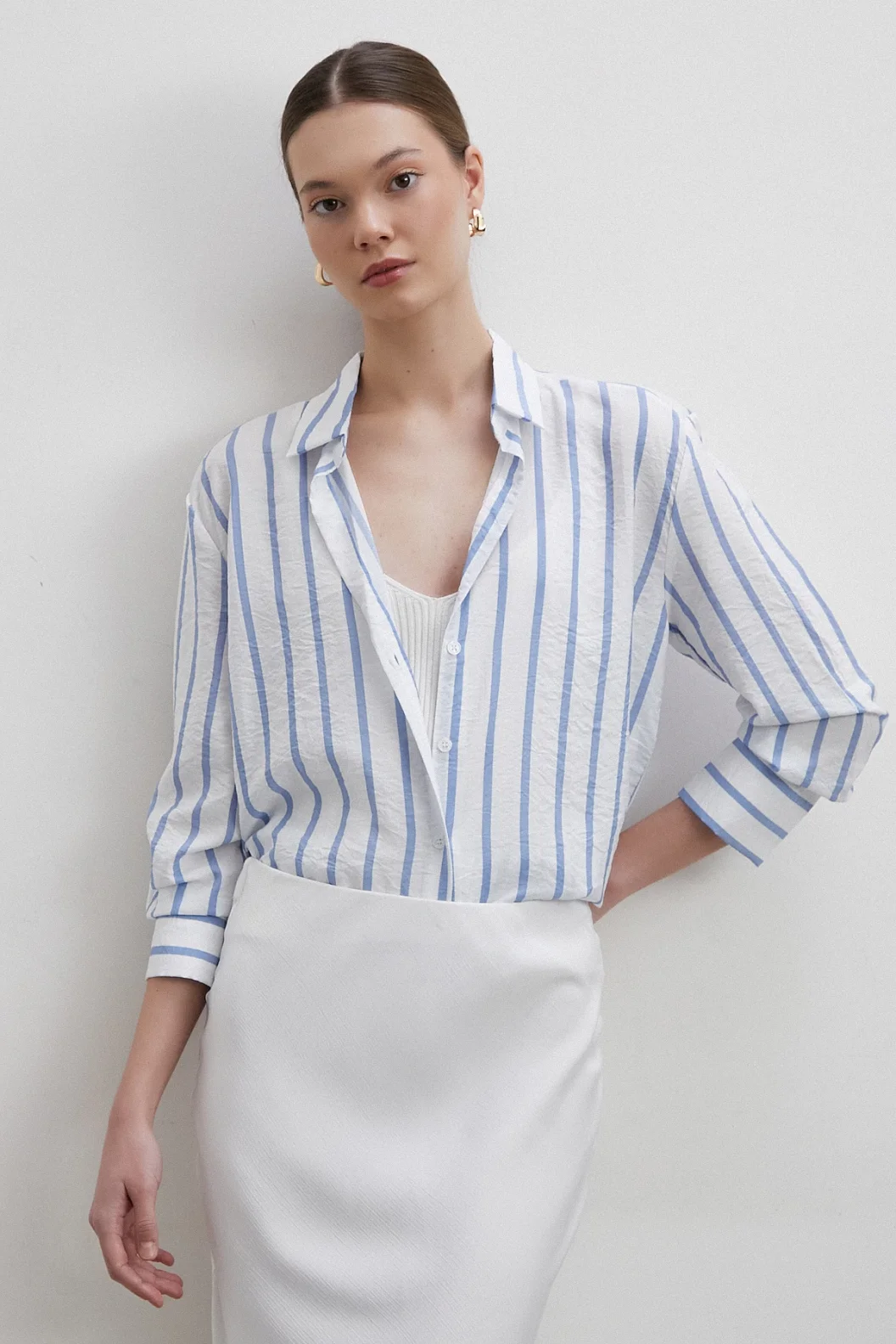 V-Neck Striped Modal Shirt Blue