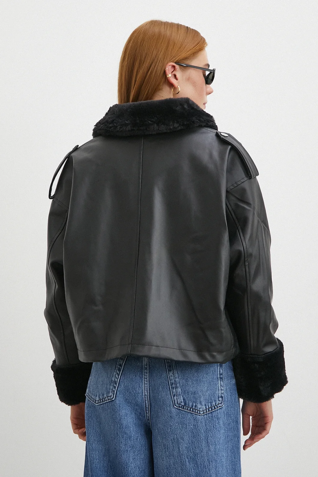 Kürk Detaylı Cepli Deri Mont Siyah