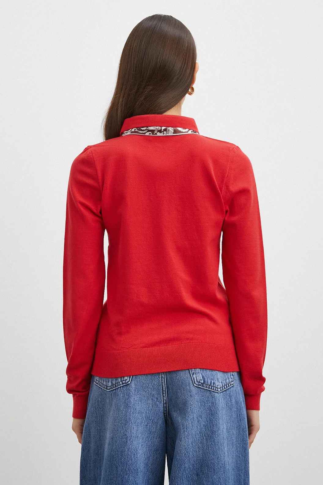 Fularlı Polo Yaka Kazak Kırmızı