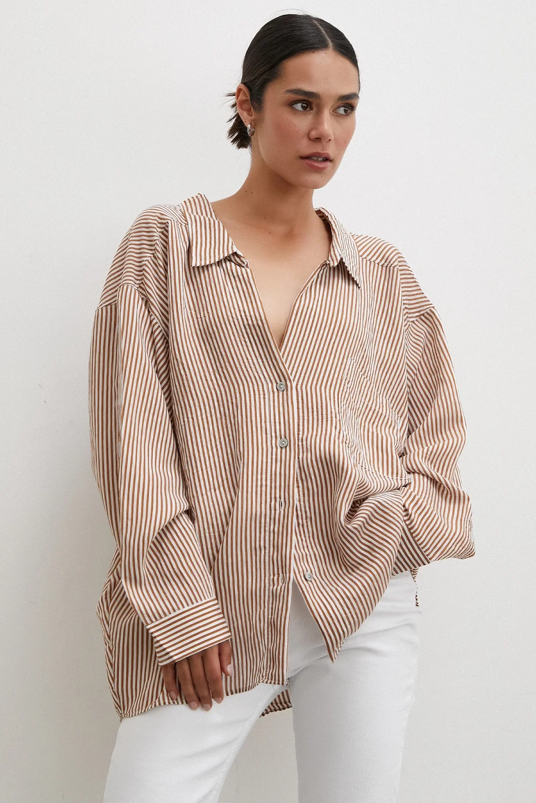 Yarasa Kol Çizgili Gömlek Kahve
