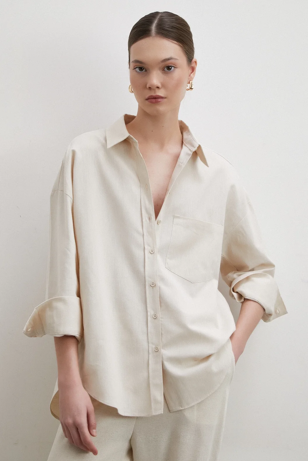 Leinenmischung Flowy Shirt Beige