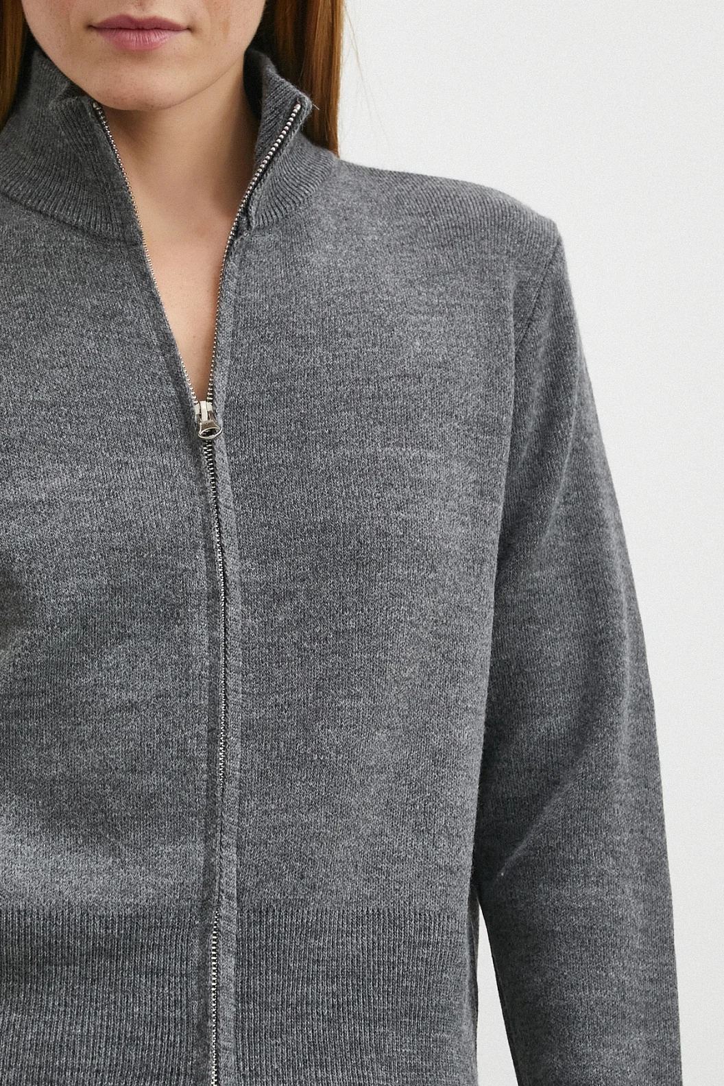 Çift Fermuarlı Triko Hırka Antirasit