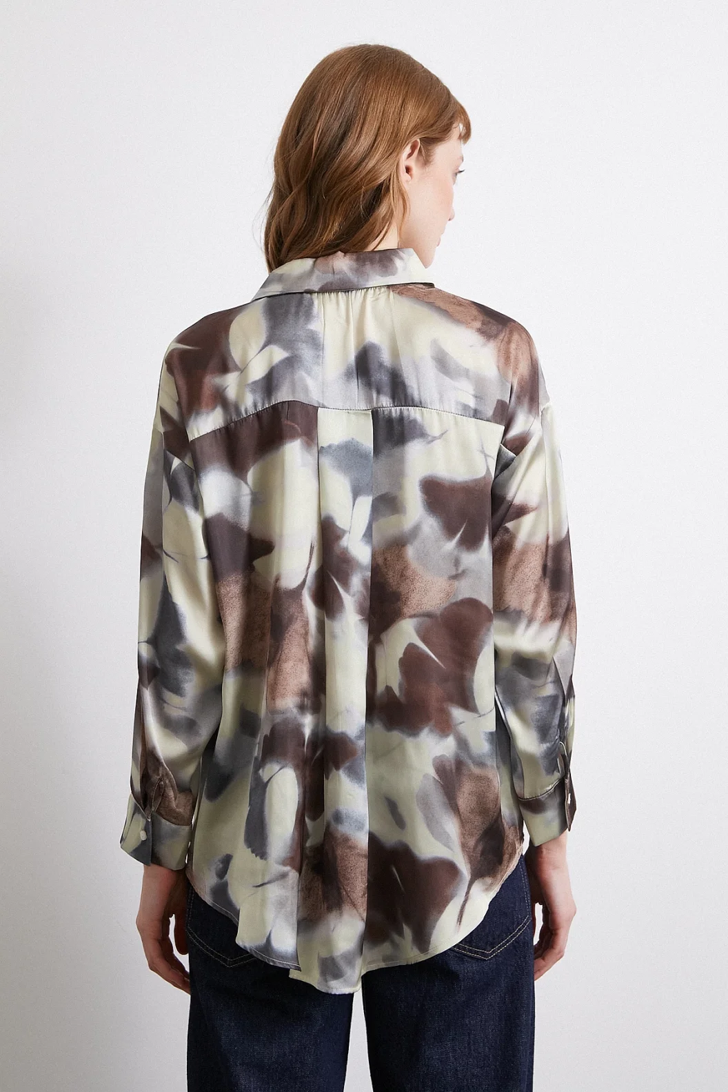 Batik Desen Saten Gömlek Kahve