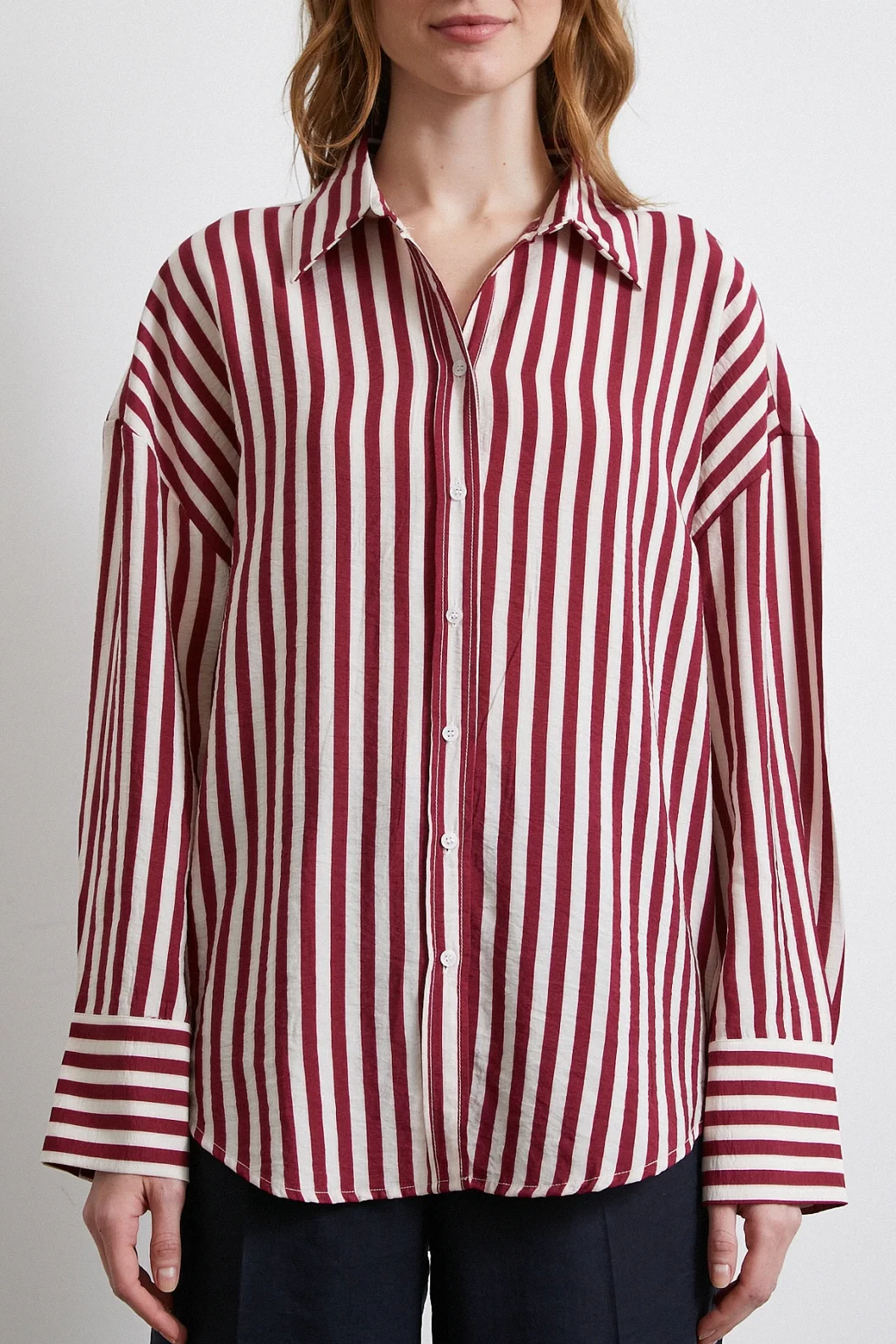 Çizgili T Kol Gömlek Bordo