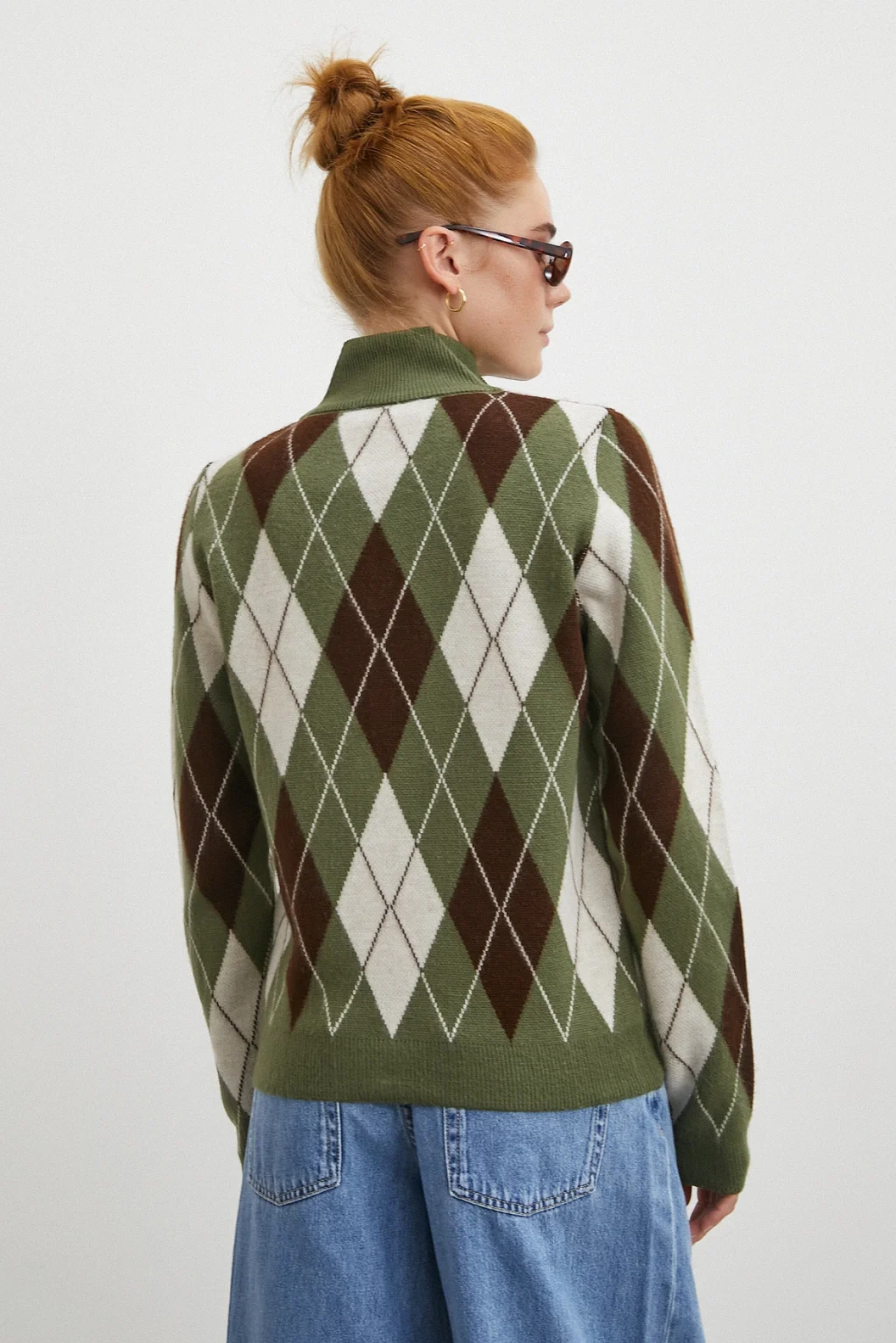 Fermuarlı Baklava Desen Kazak Yeşil