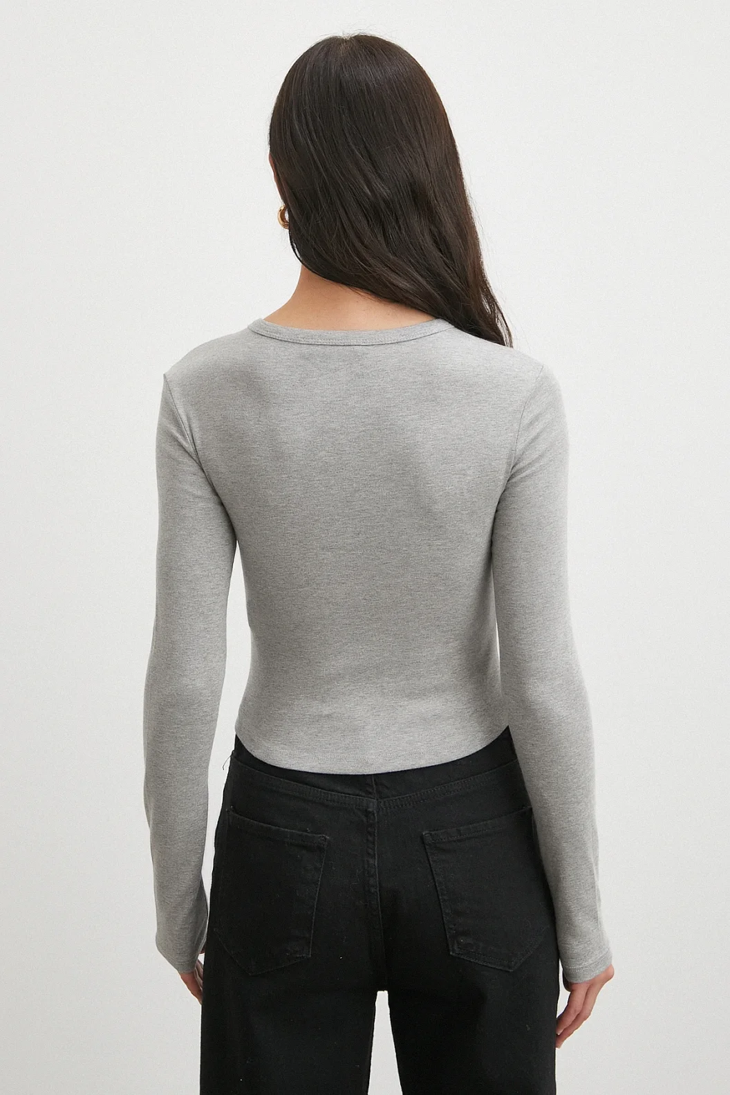 Düğmeli Uzun Kol Bluz Gri