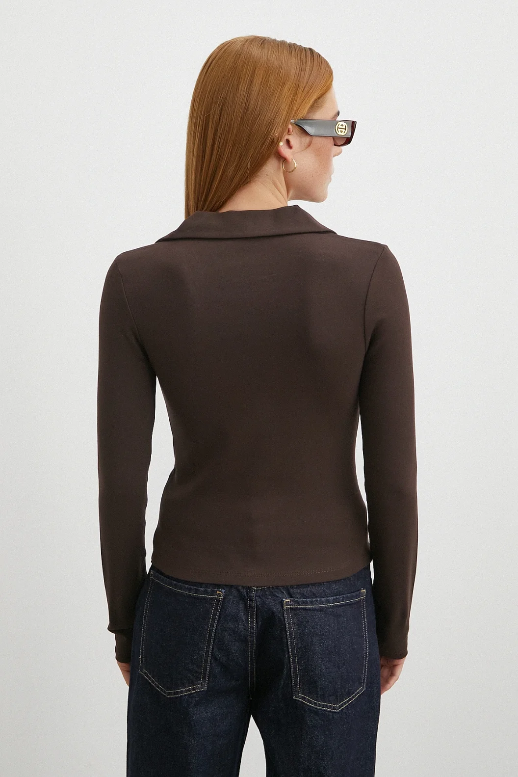 Yakalı Çift Fermuarlı Bluz Kahve