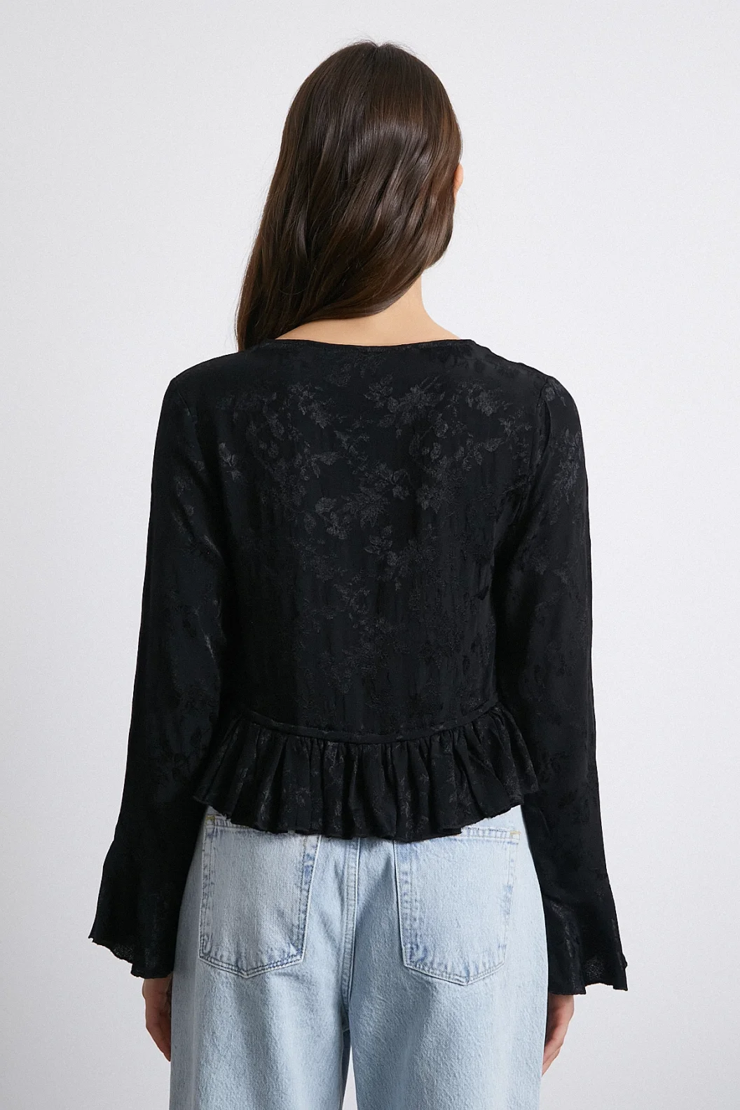 V-Neck Frilly Black Blouse