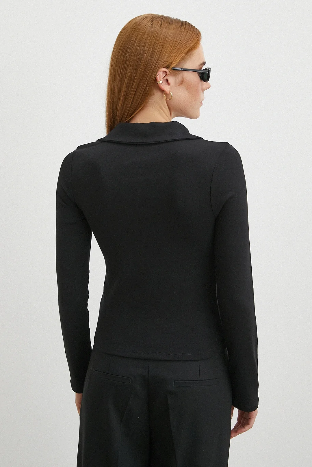 Yakalı Çift Fermuarlı Bluz Siyah