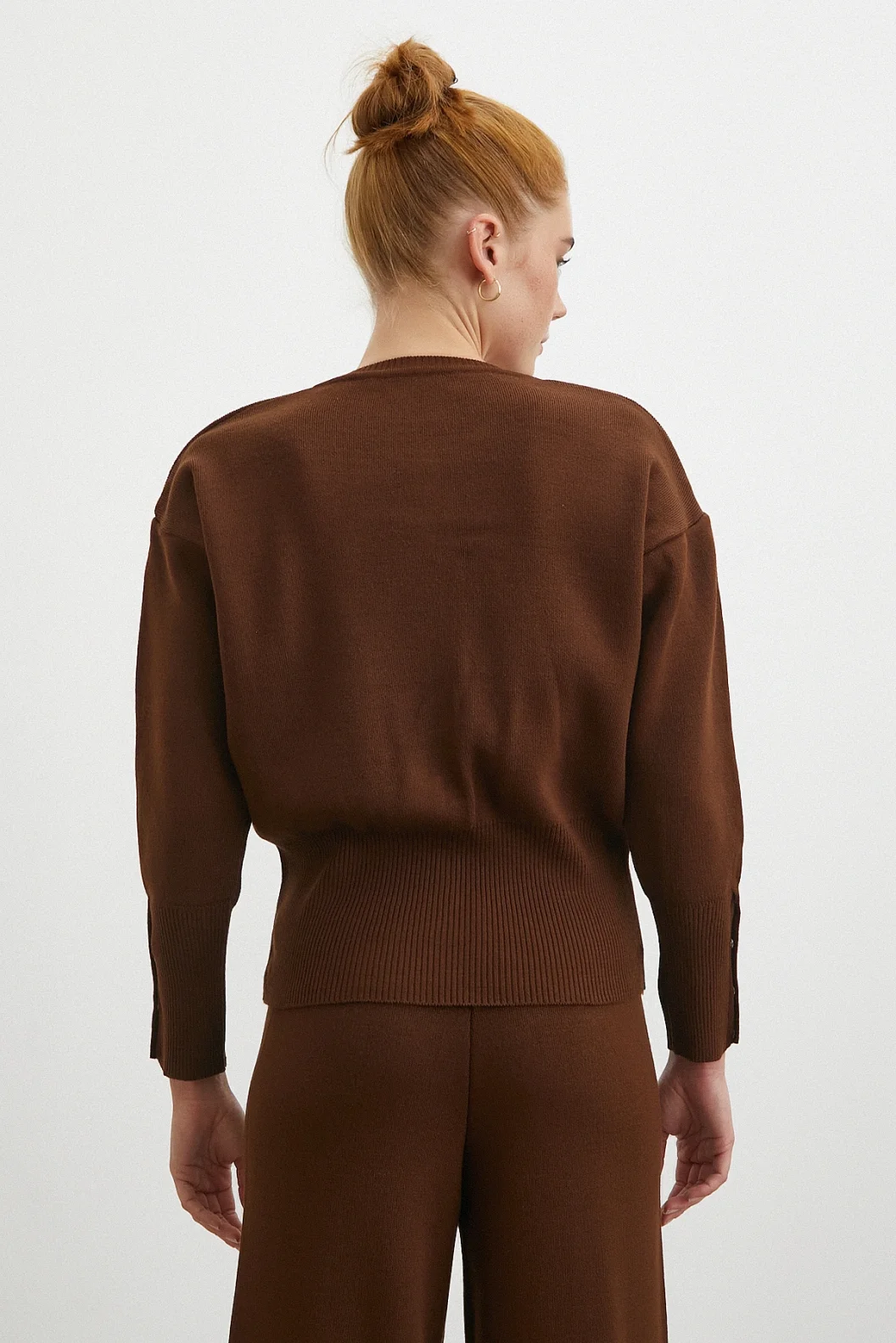 Çıtçıtlı Pantolonlu Triko Takım Kahve