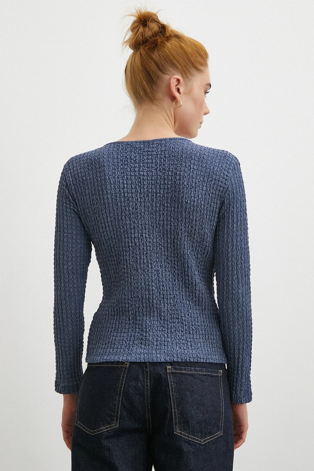 V Yaka Düğmeli Kazak Lacivert