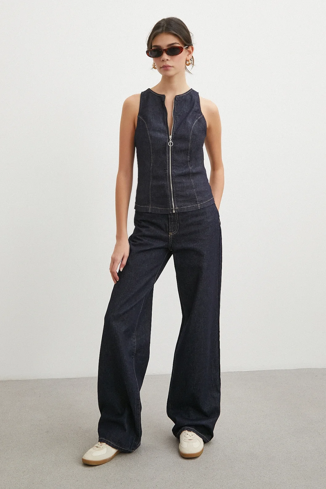 Fermuarlı Kot Yelek Lacivert