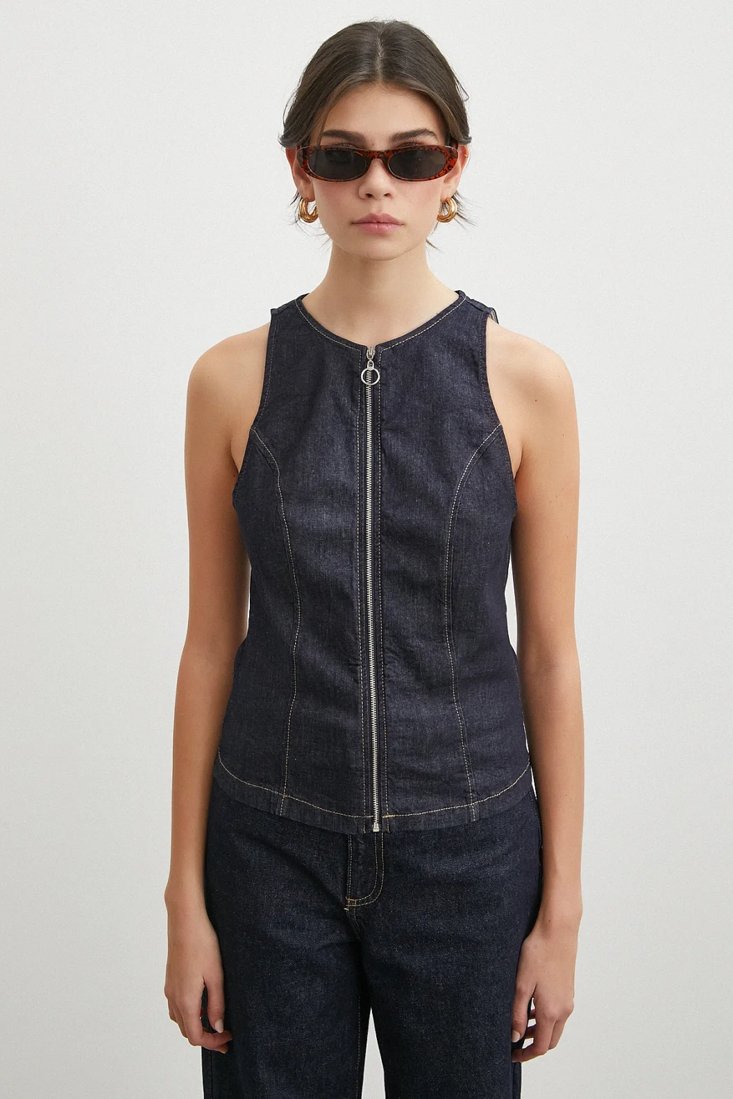 Fermuarlı Kot Yelek Lacivert