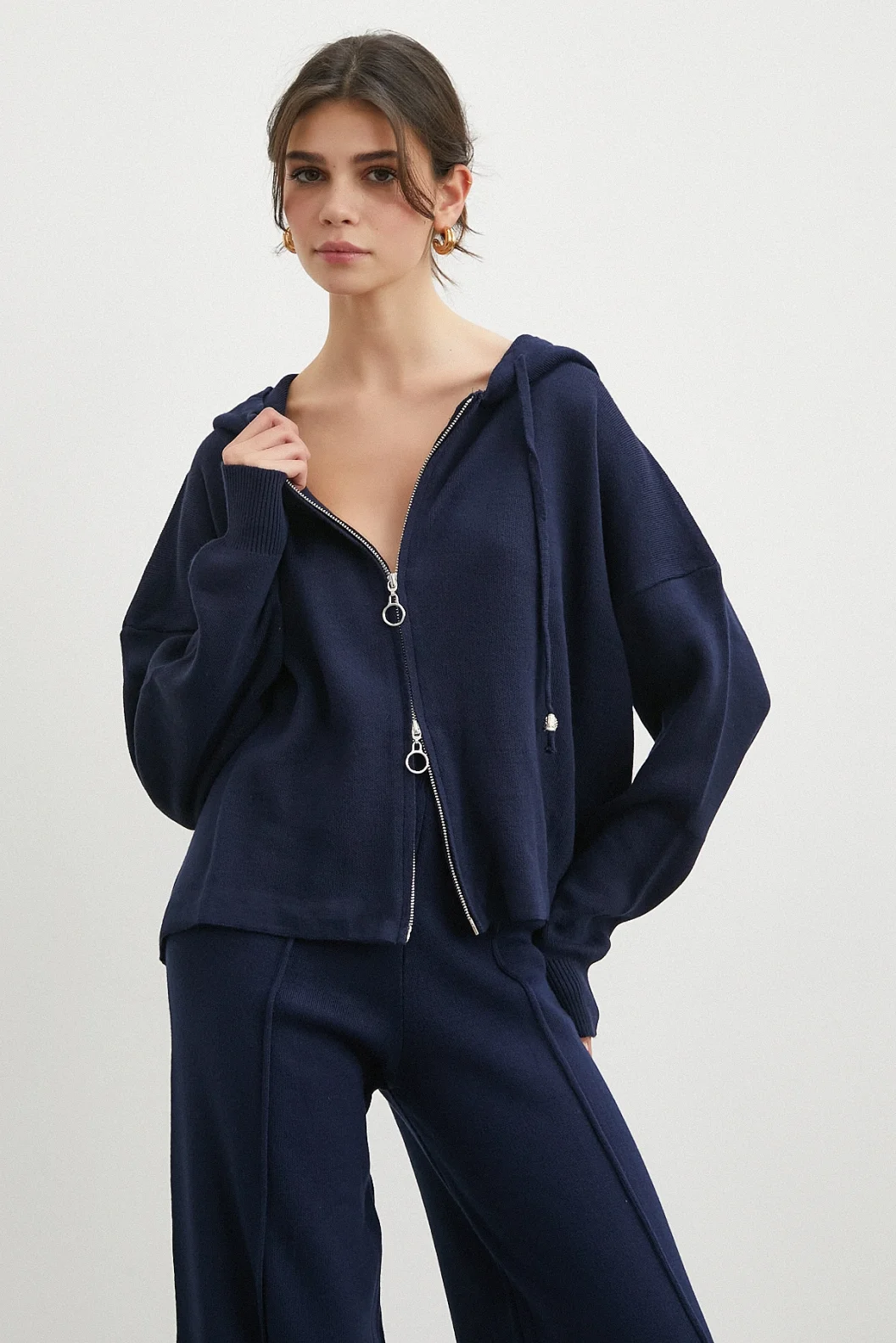 Çift Fermuarlı Kapüşonlu Pantolonlu Takım Lacivert