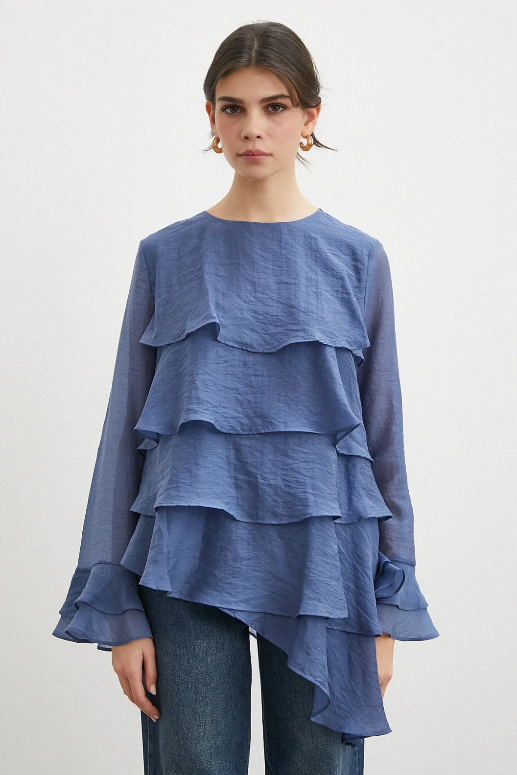 Kol Detaylı Katlı Uzun Kol Bluz Lacivert