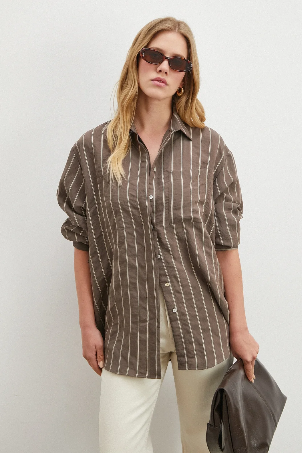 Çizgili Cepli Modal Gömlek Kahve